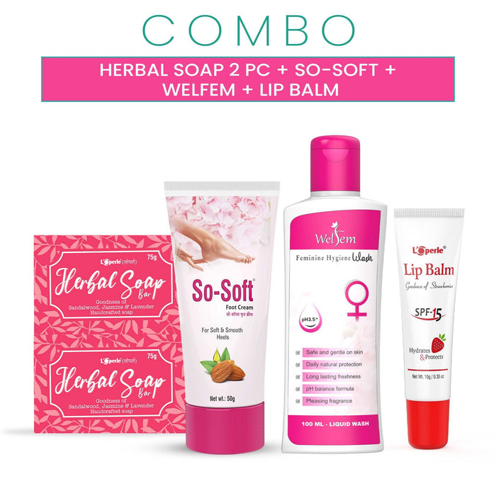 Loperle Herbal Soap (Pack of 2) + So-Soft Foot Cream for cracked heels + Welfem Feminine Hygiene Wash 100ml + Loperle Lip Balm SPF 15