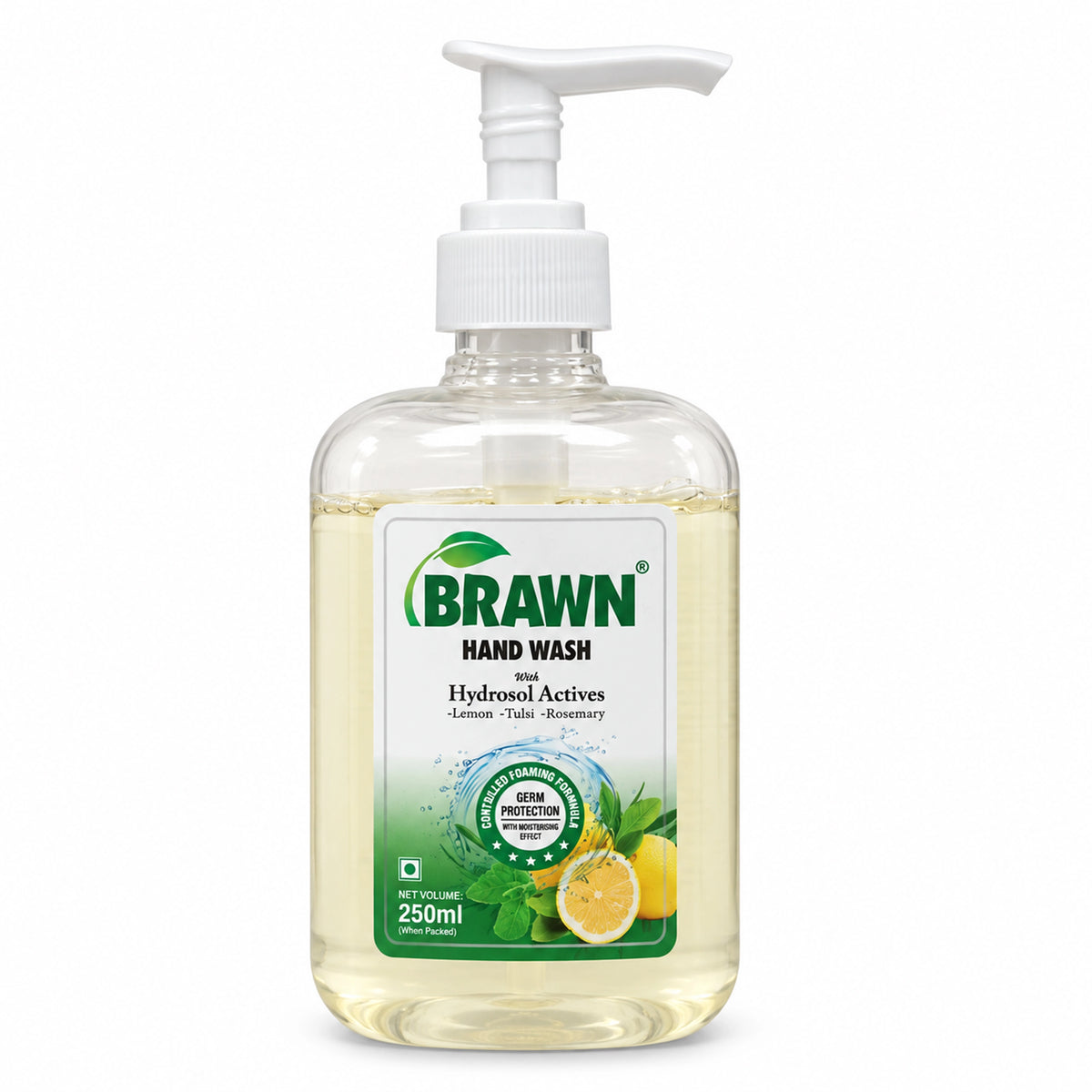Brawn Lemon, Tulsi & Rosemary handwash | Soft & Gentle care with Hydrosol Actives & pump dispenser  - 250ml