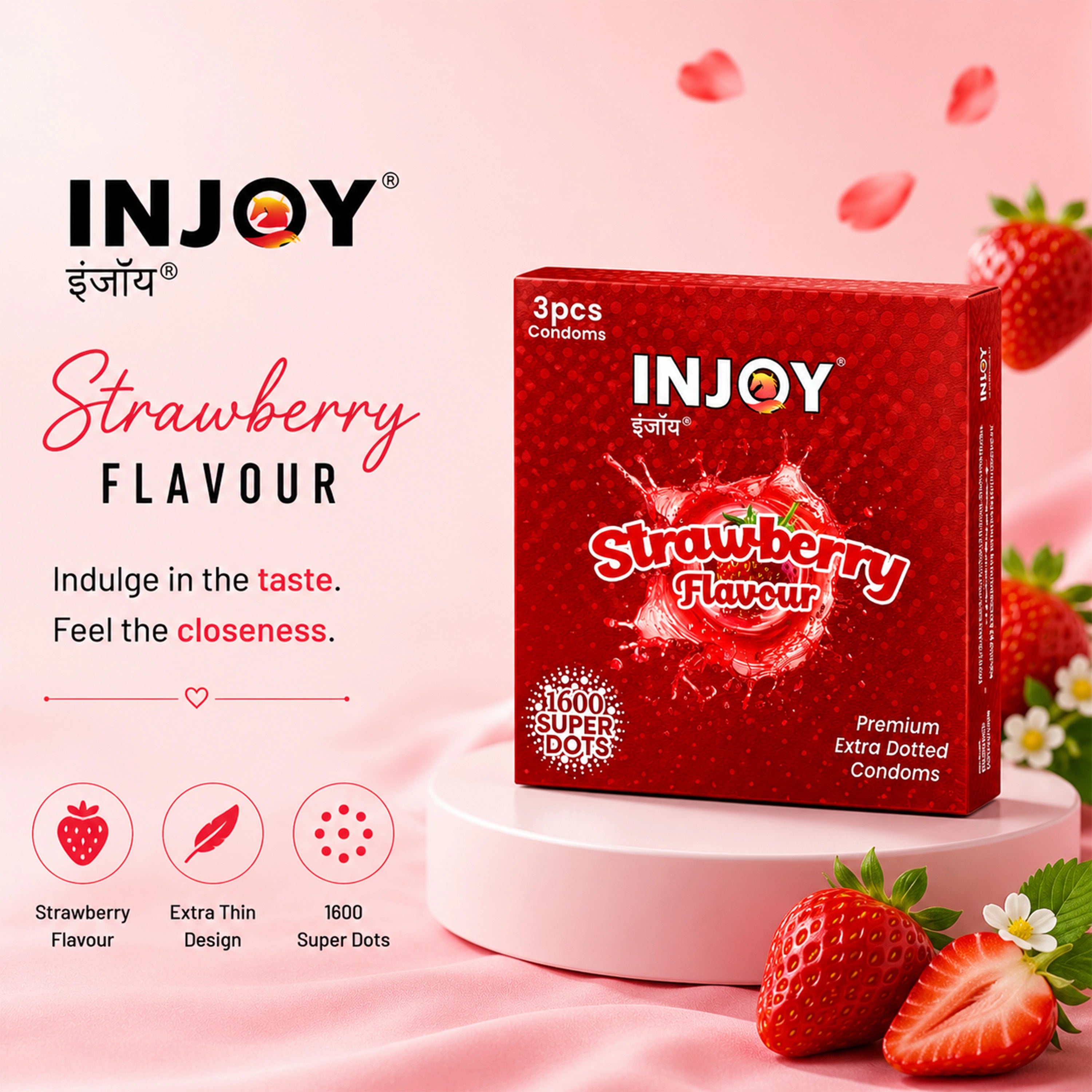 INJOY Strawberry Flavored Extra Thin Condoms with 1600 Dots