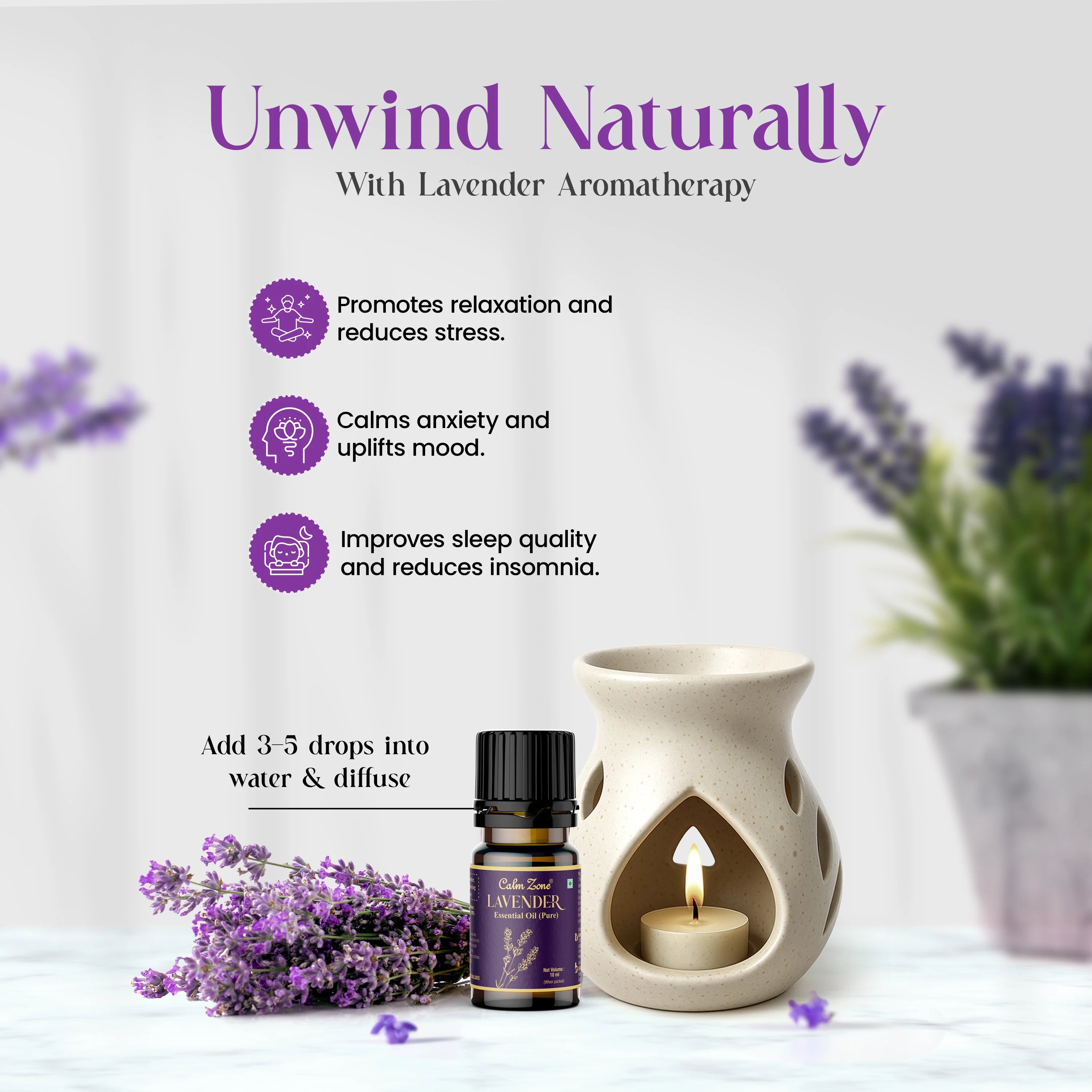 Calm Zone Lavender Essential Oil For Skin, Hair & Diffuser - Brawn Herbal