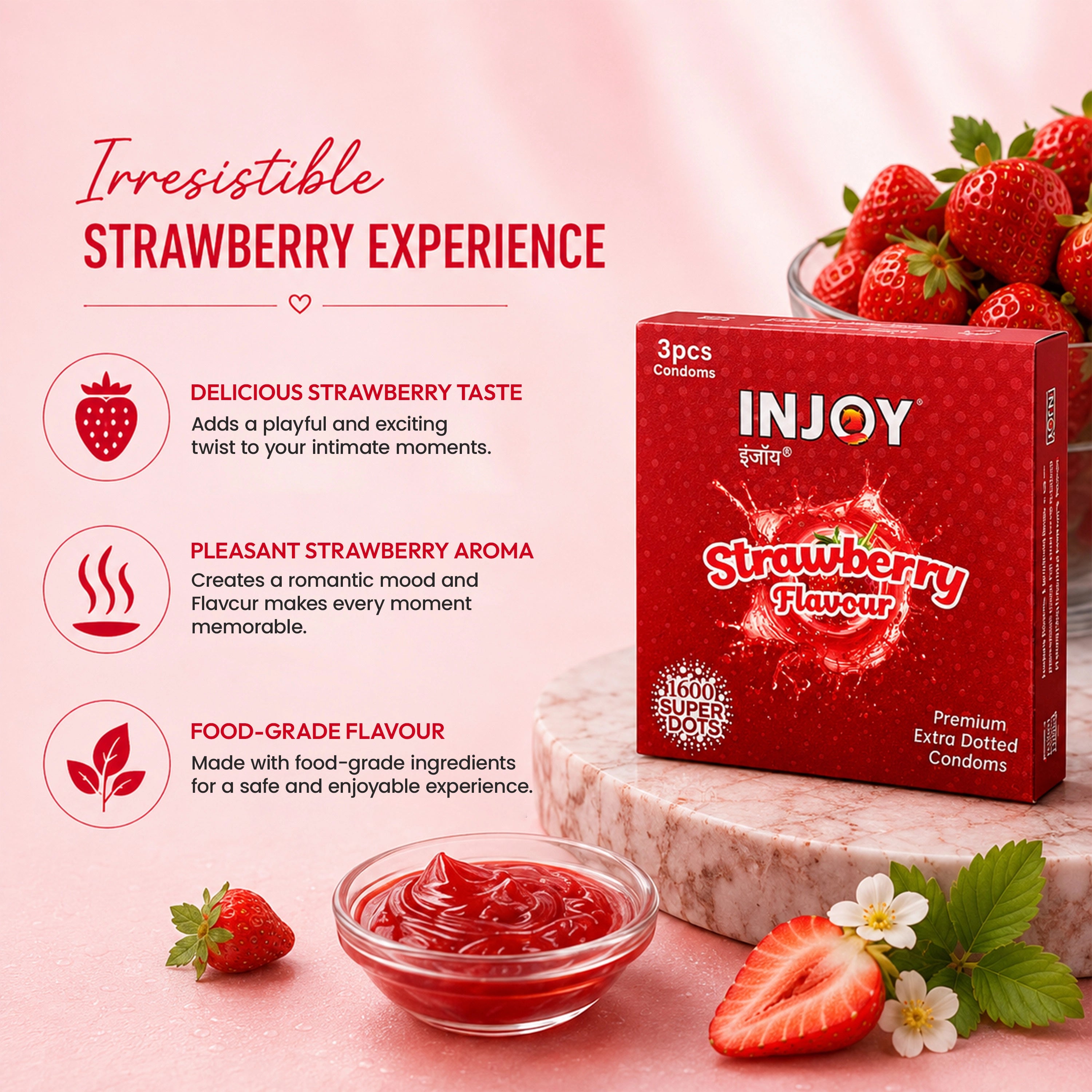 INJOY Strawberry Flavored Extra Thin Condoms with 1600 Dots