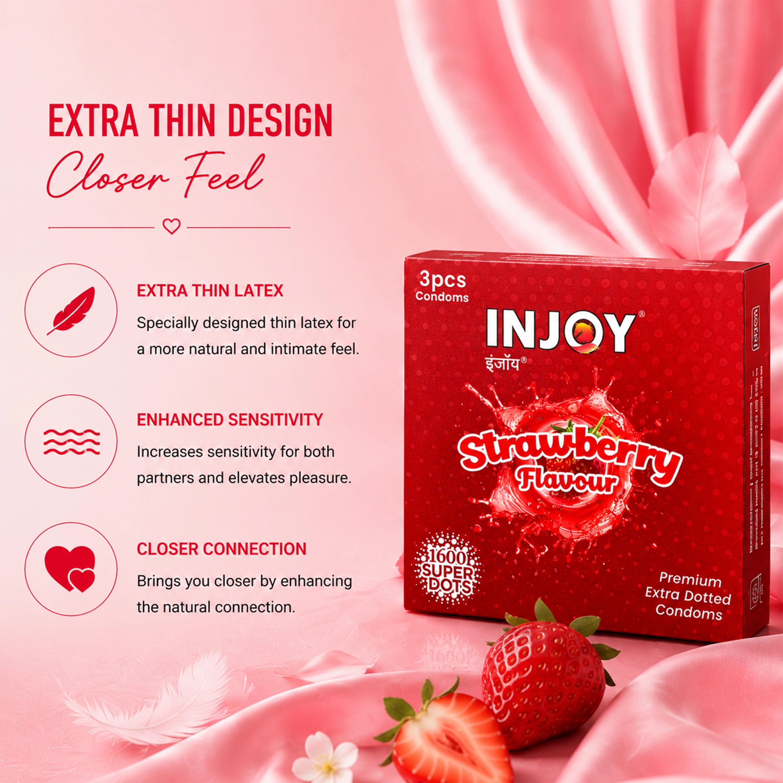 INJOY Strawberry Flavored Extra Thin Condoms with 1600 Dots