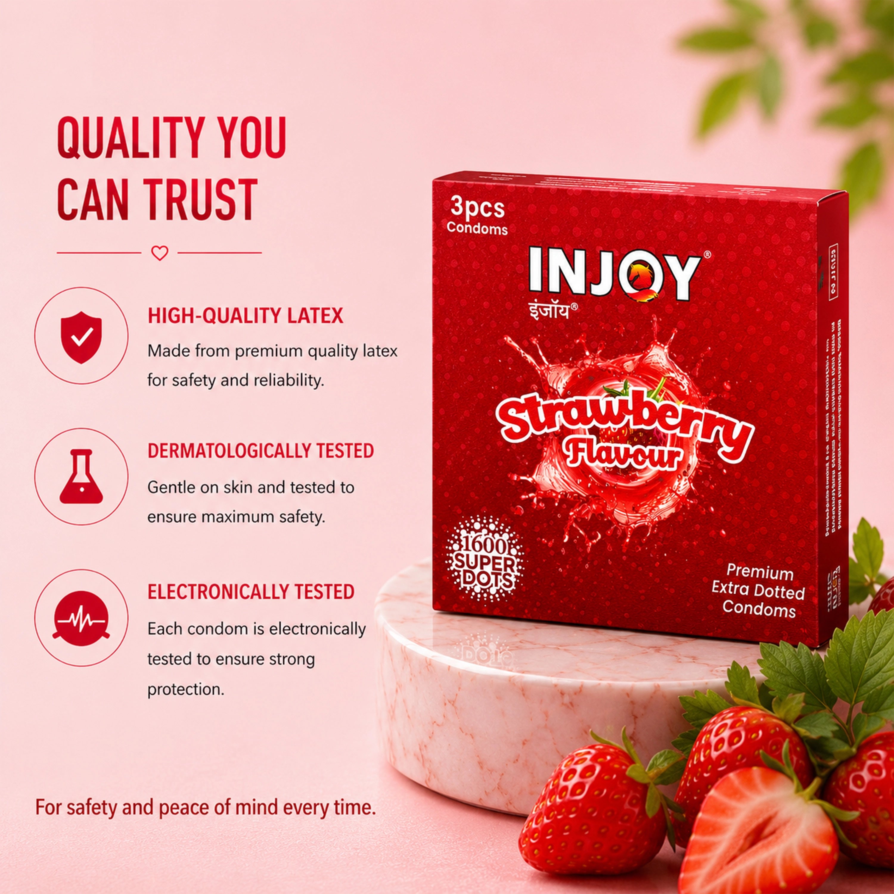 INJOY Strawberry Flavored Extra Thin Condoms with 1600 Dots
