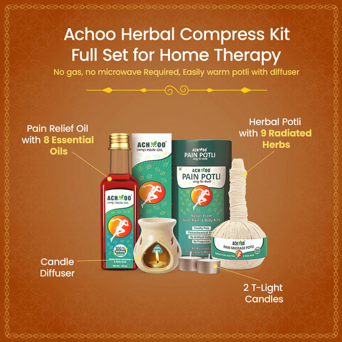 Achoo Herbal Compress Kit - Massage Potli 100GM & Pain Oil 100ML