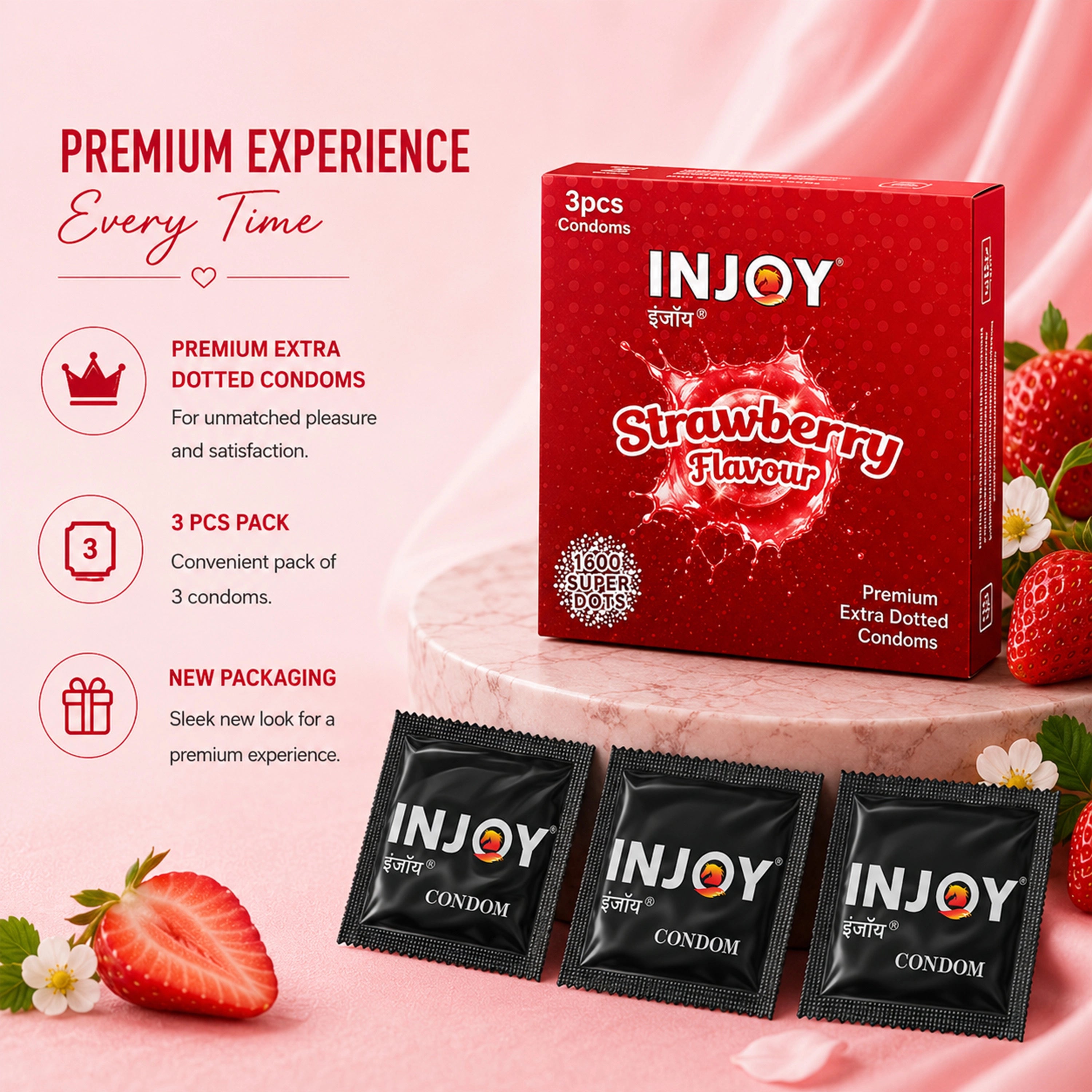 INJOY Strawberry Flavored Extra Thin Condoms with 1600 Dots
