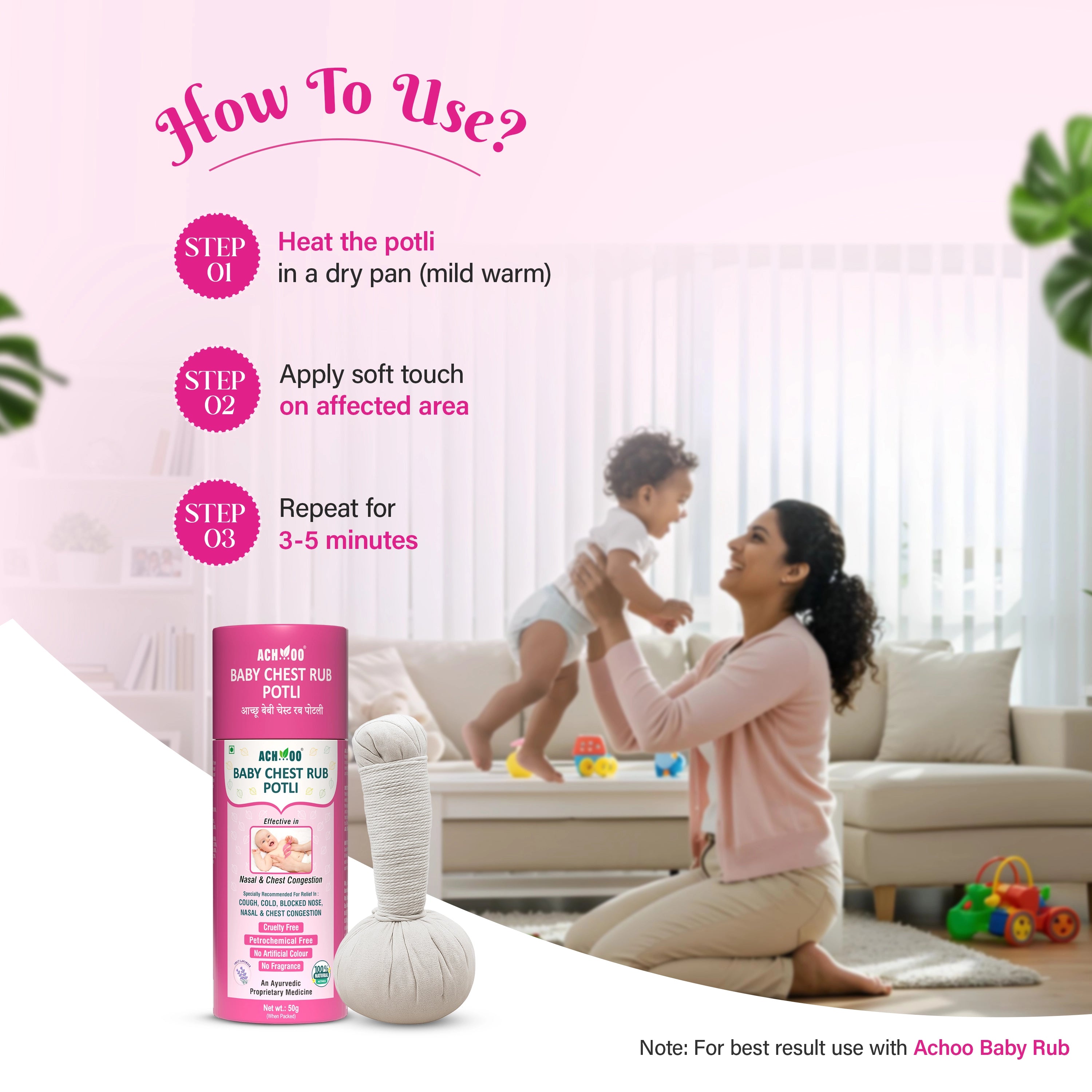 Achoo Baby Chest Rub Potli for Nasal & Chest Congestion- 50g |  5 +  years