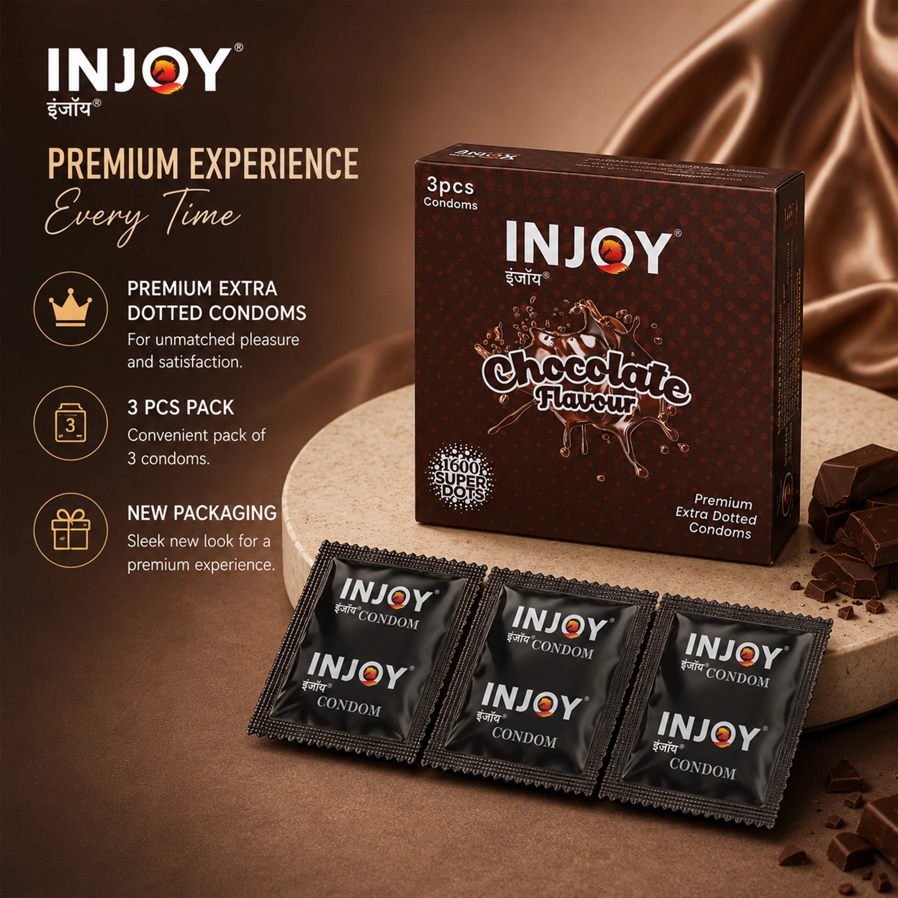 INJOY Chocolate Flavoured Thin Condoms with 1600 Dots