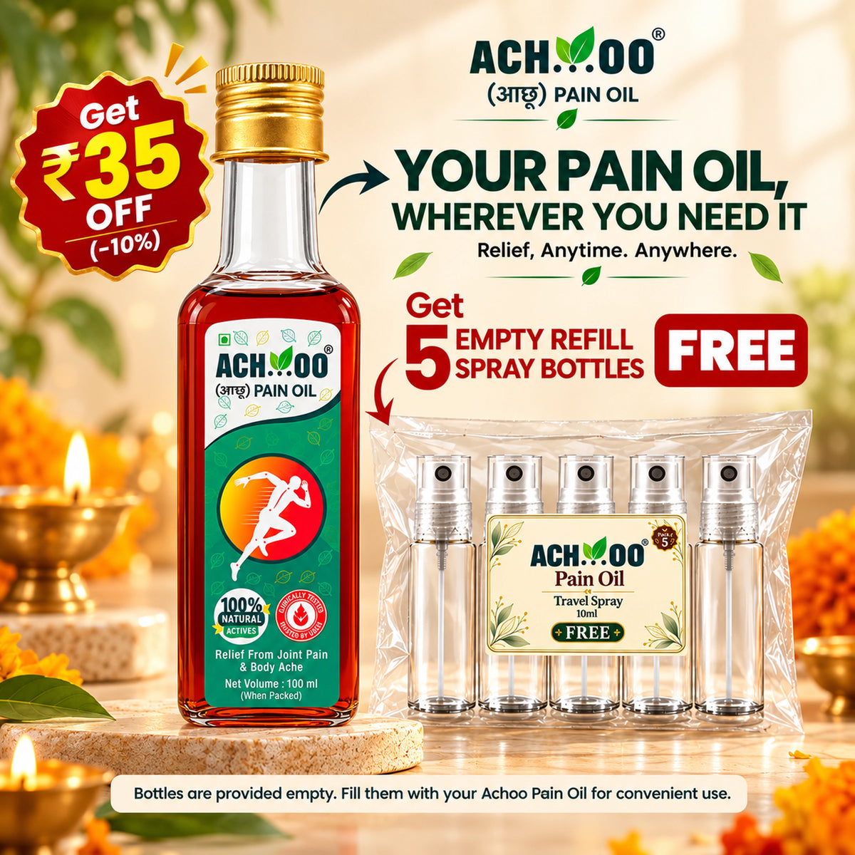 Achoo Pain Oil 100ml | Get 5 Refill Spray Bottles Free | Travel-Friendly