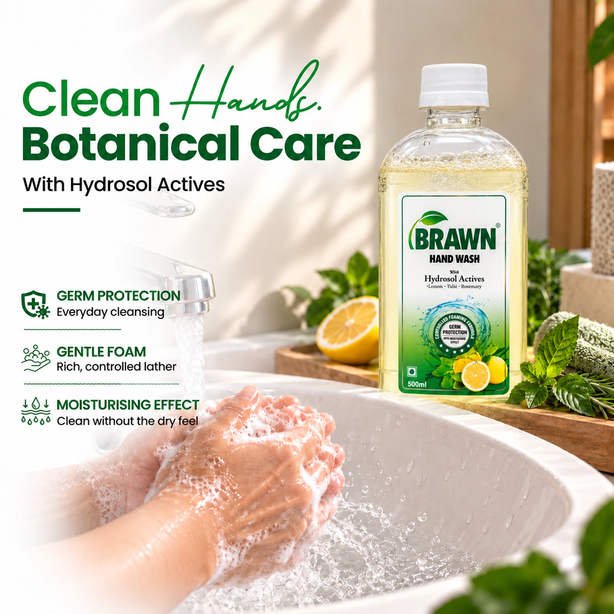 Brawn Rosemary, Tulsi & Lemon handwash | Gentle Cleansing & Germ Protection - Refill bottle - 500ml