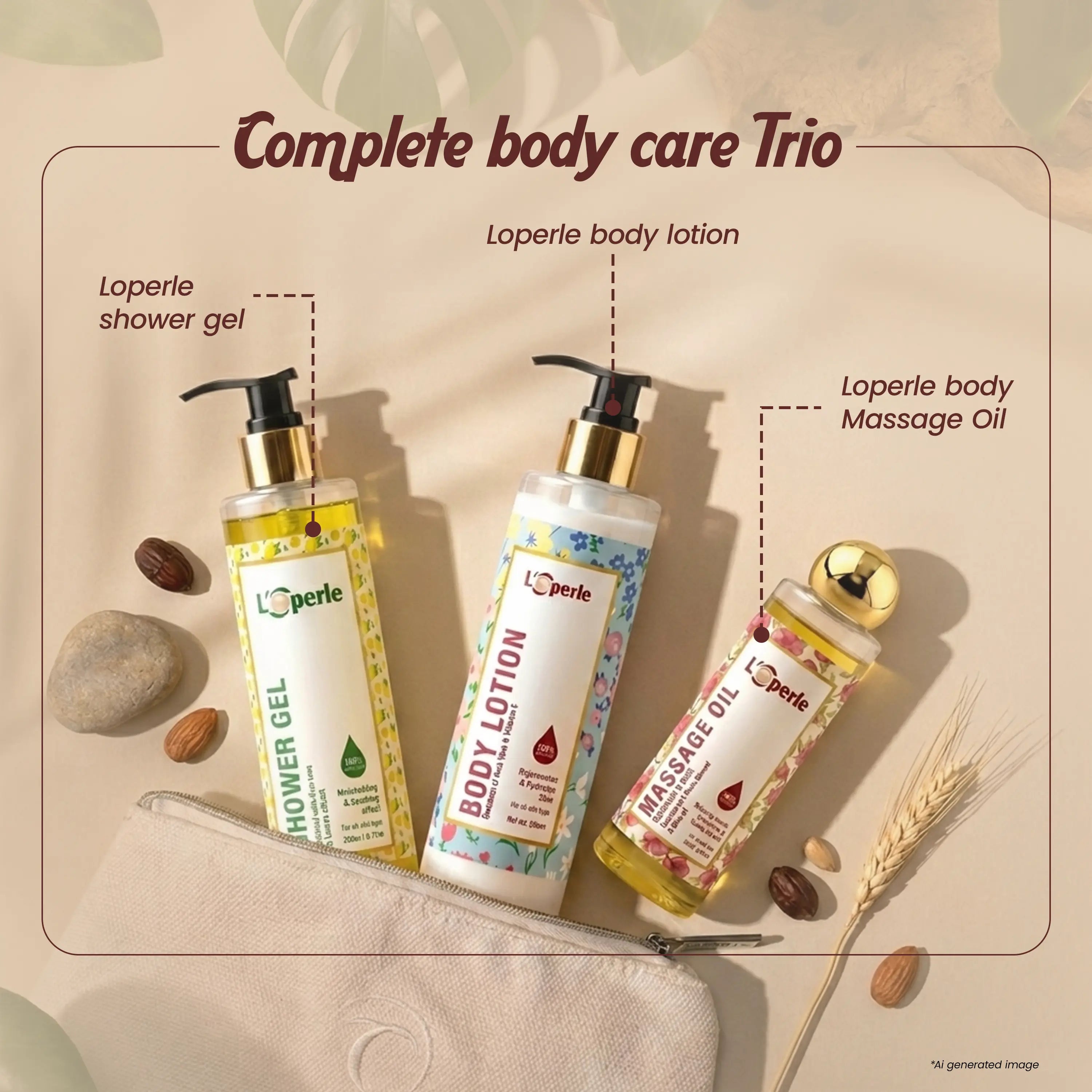 Body care Kit Combo - Loperle body Massage Oil & body lotion & shower gel