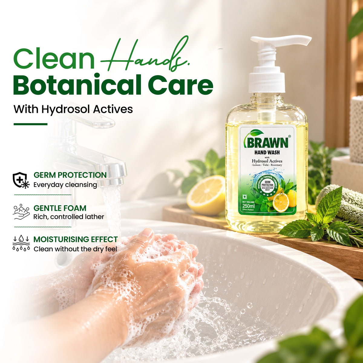 Brawn Lemon, Tulsi & Rosemary handwash | Soft & Gentle care with Hydrosol Actives & pump dispenser  - 250ml