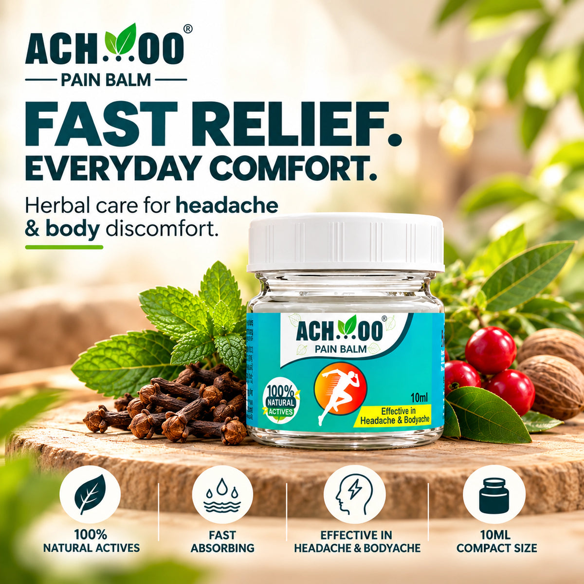 Achoo Pain Balm - Fast Headache & Muscle Relief | 100% Herbal Formula - 10ml