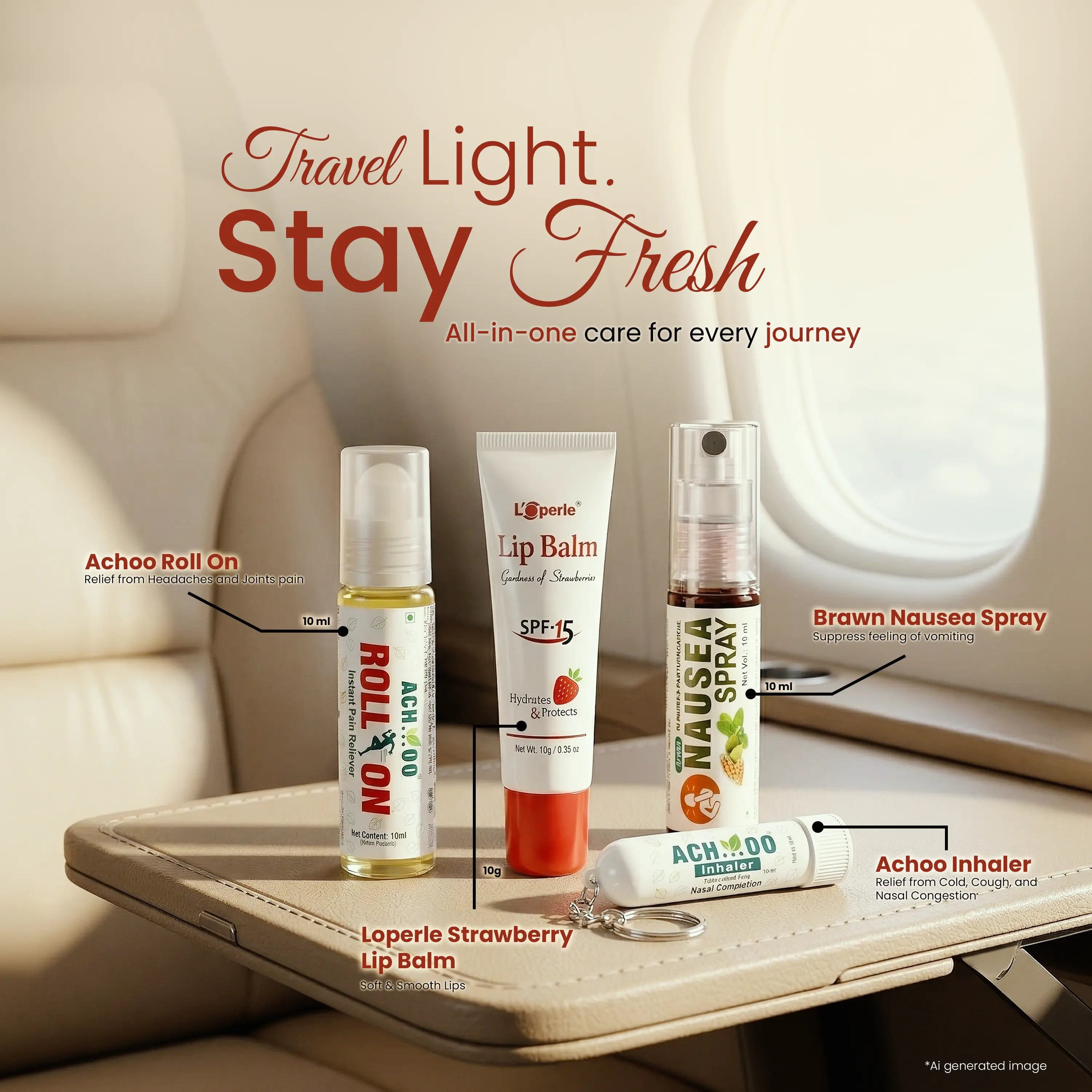 Travel Combo Kit - Loperle Lip Balm & Achoo Roll-On & Inhaler keychain, Brawn Nausea Spray