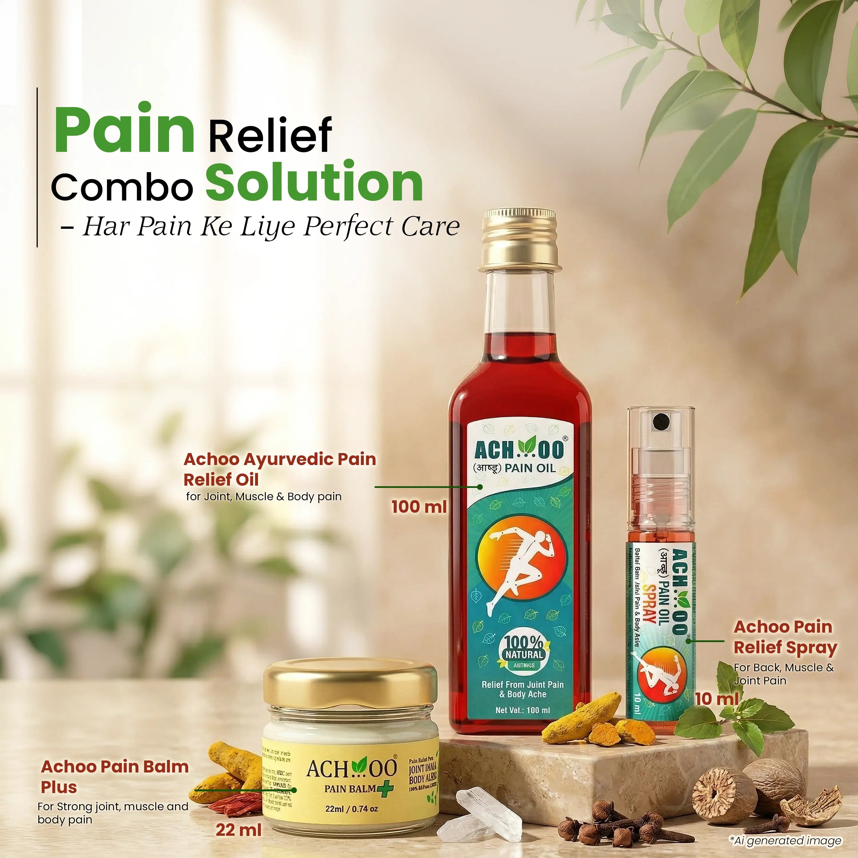 Total Relief Combo Kit - Achoo Pain Oil 100ml & Achoo Pain Balm Plus 22ml & Pain relief Spray 10ml