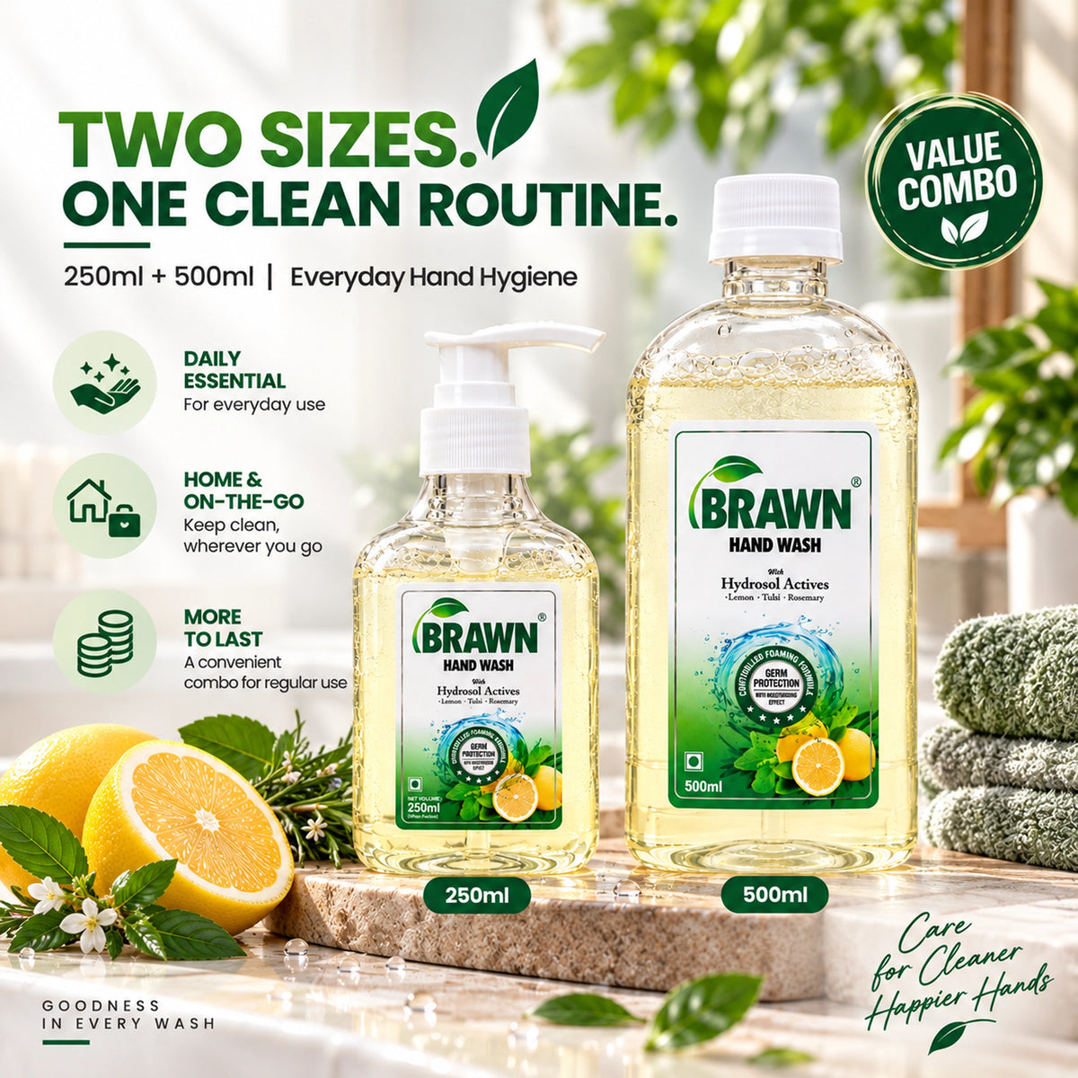 Brawn Tulsi, Rosemary & Lemon handwash combo | Soft Hands, Powerful Germ Protection - 500ml + 250ml
