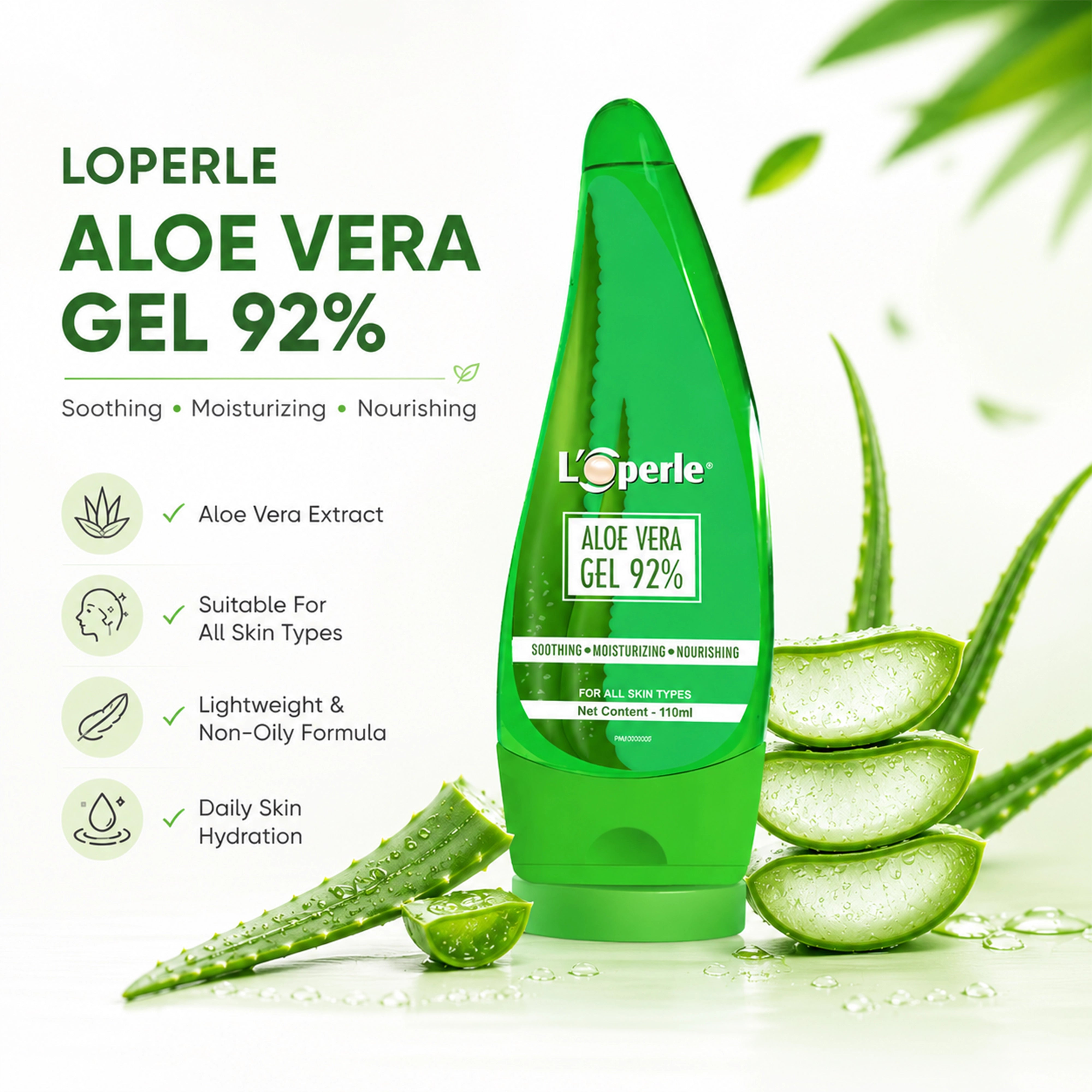 Loperle Aloe Vera Gel 92% for Moisturizing Skin - 110ml