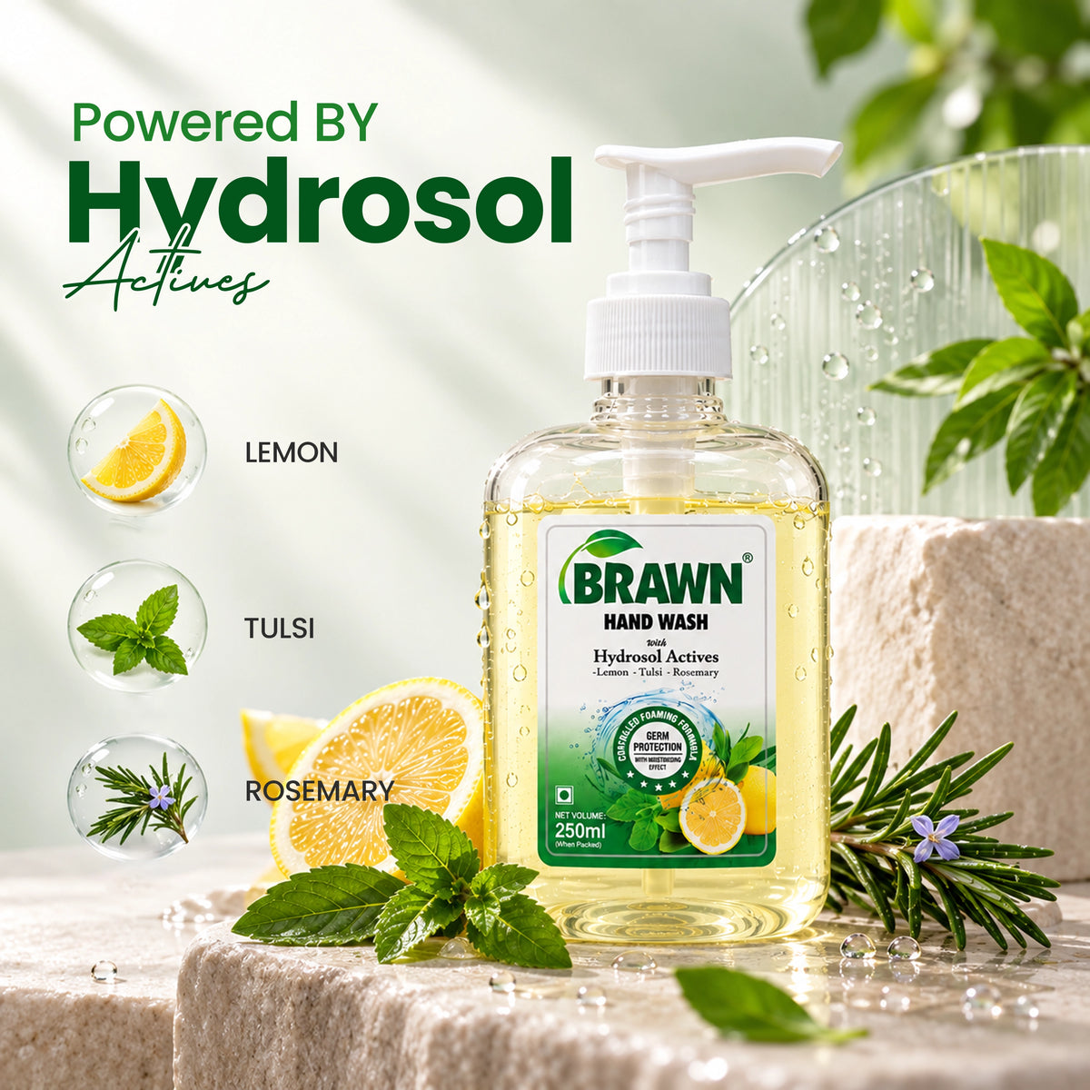 Brawn Lemon, Tulsi & Rosemary handwash | Soft & Gentle care with Hydrosol Actives & pump dispenser  - 250ml