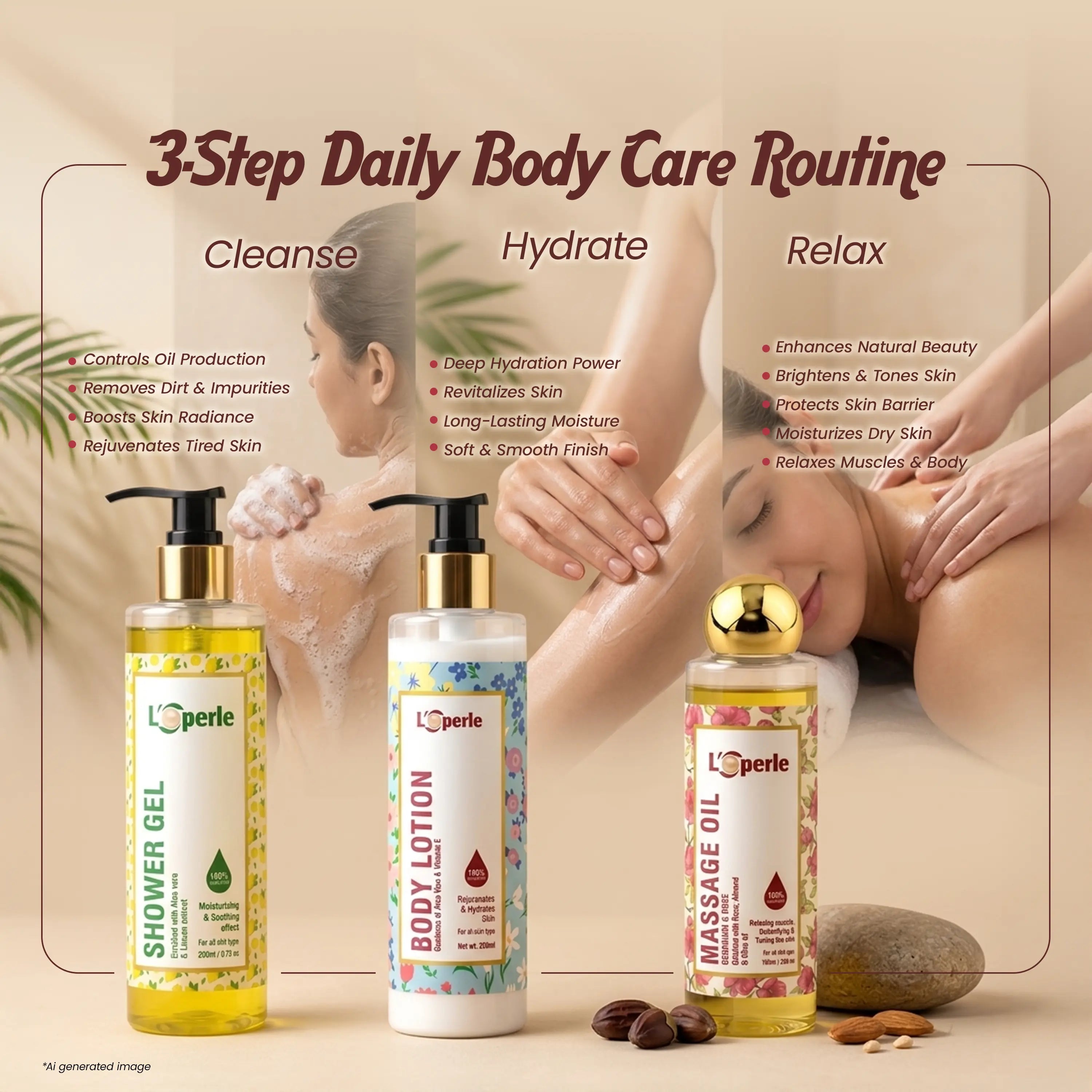 Body care Kit Combo - Loperle body Massage Oil & body lotion & shower gel