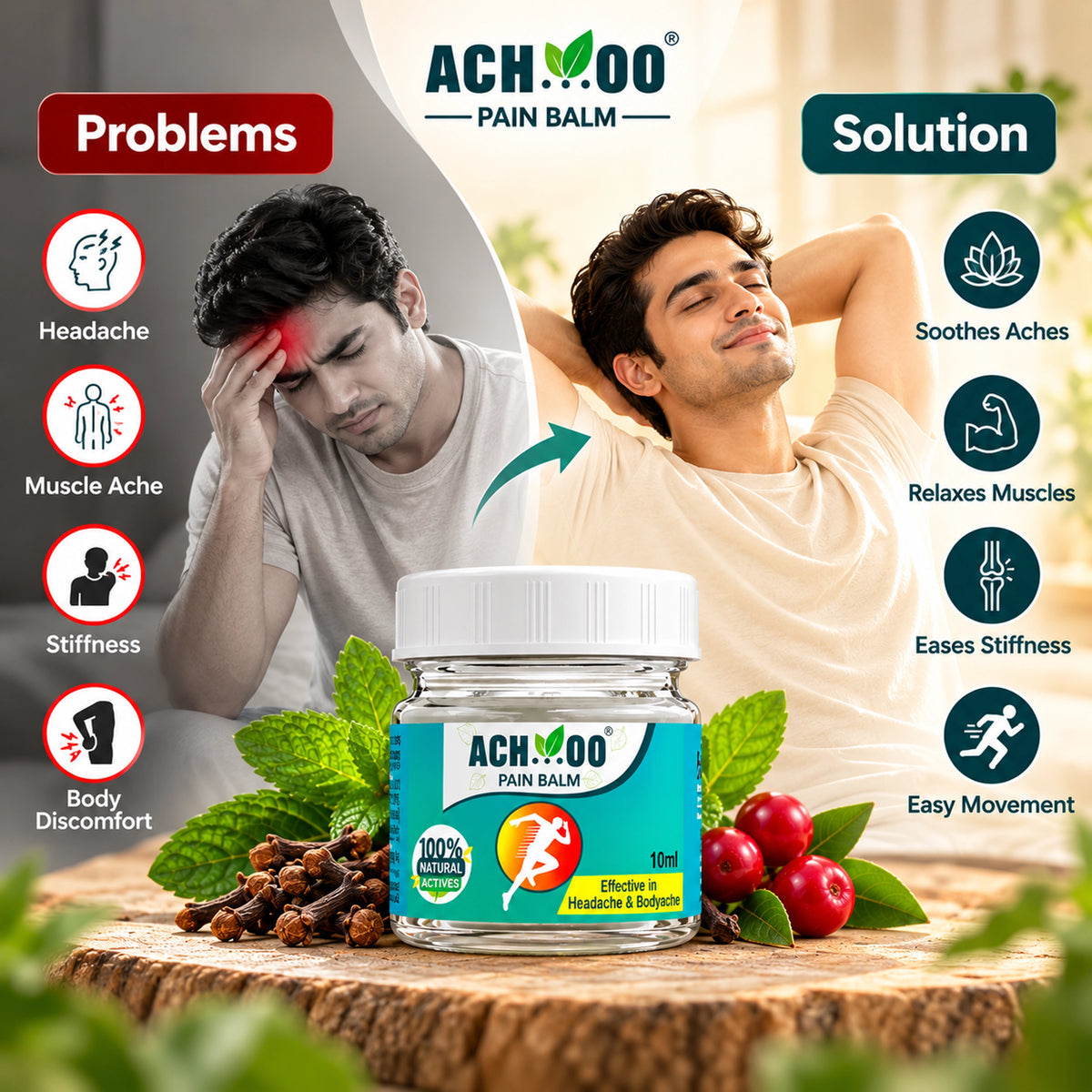 Achoo Pain Balm - Fast Headache & Muscle Relief | 100% Herbal Formula - 10ml