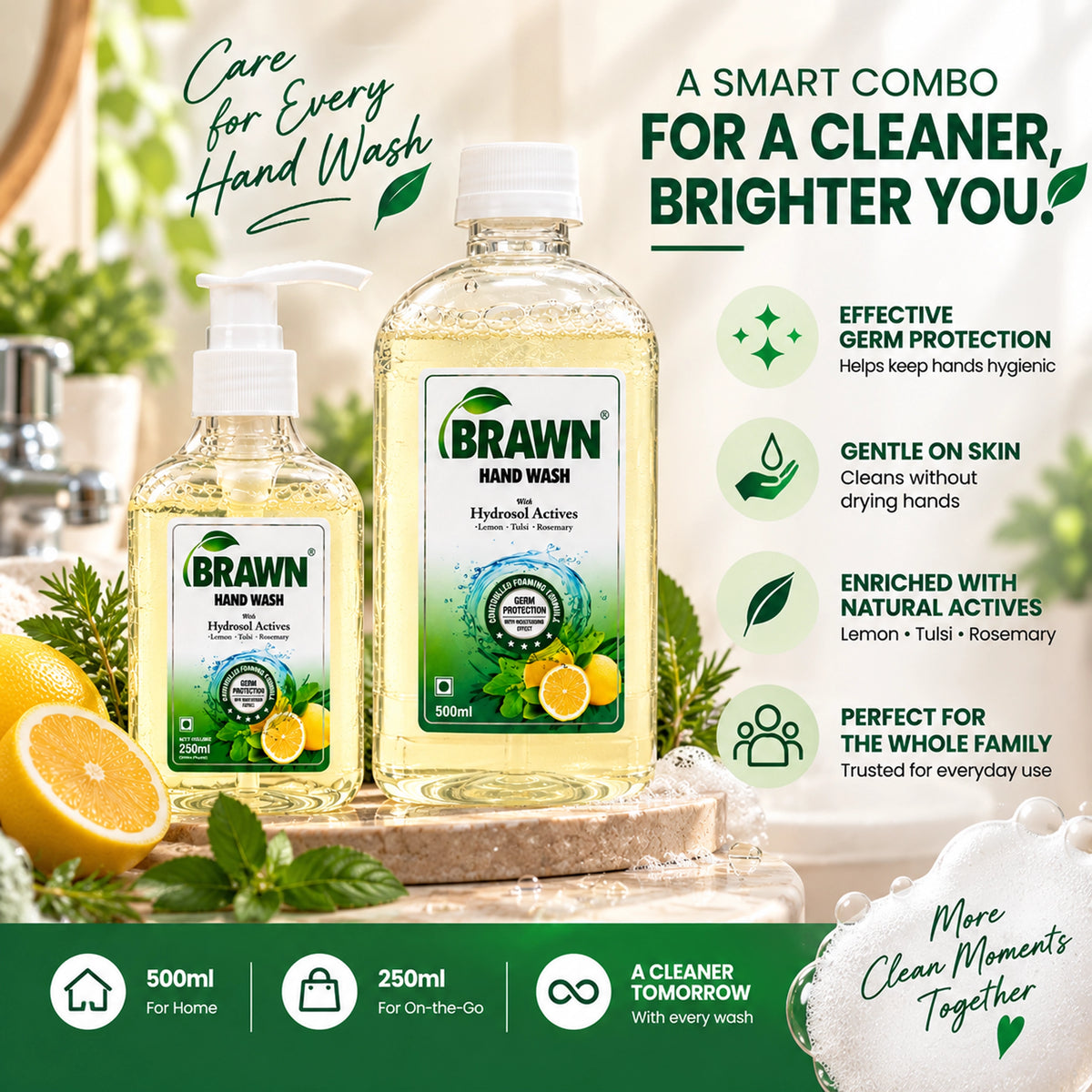 Brawn Tulsi, Rosemary & Lemon handwash combo | Soft Hands, Powerful Germ Protection - 500ml + 250ml
