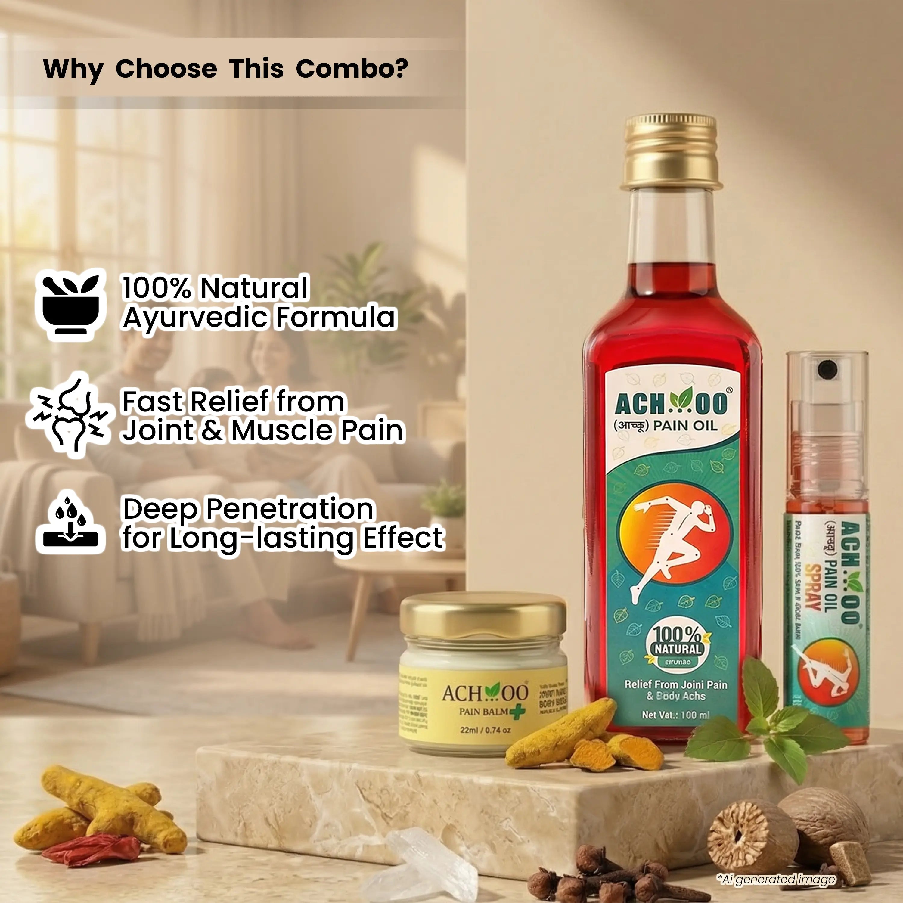 Total Relief Combo Kit - Achoo Pain Oil 100ml & Achoo Pain Balm Plus 22ml & Pain relief Spray 10ml