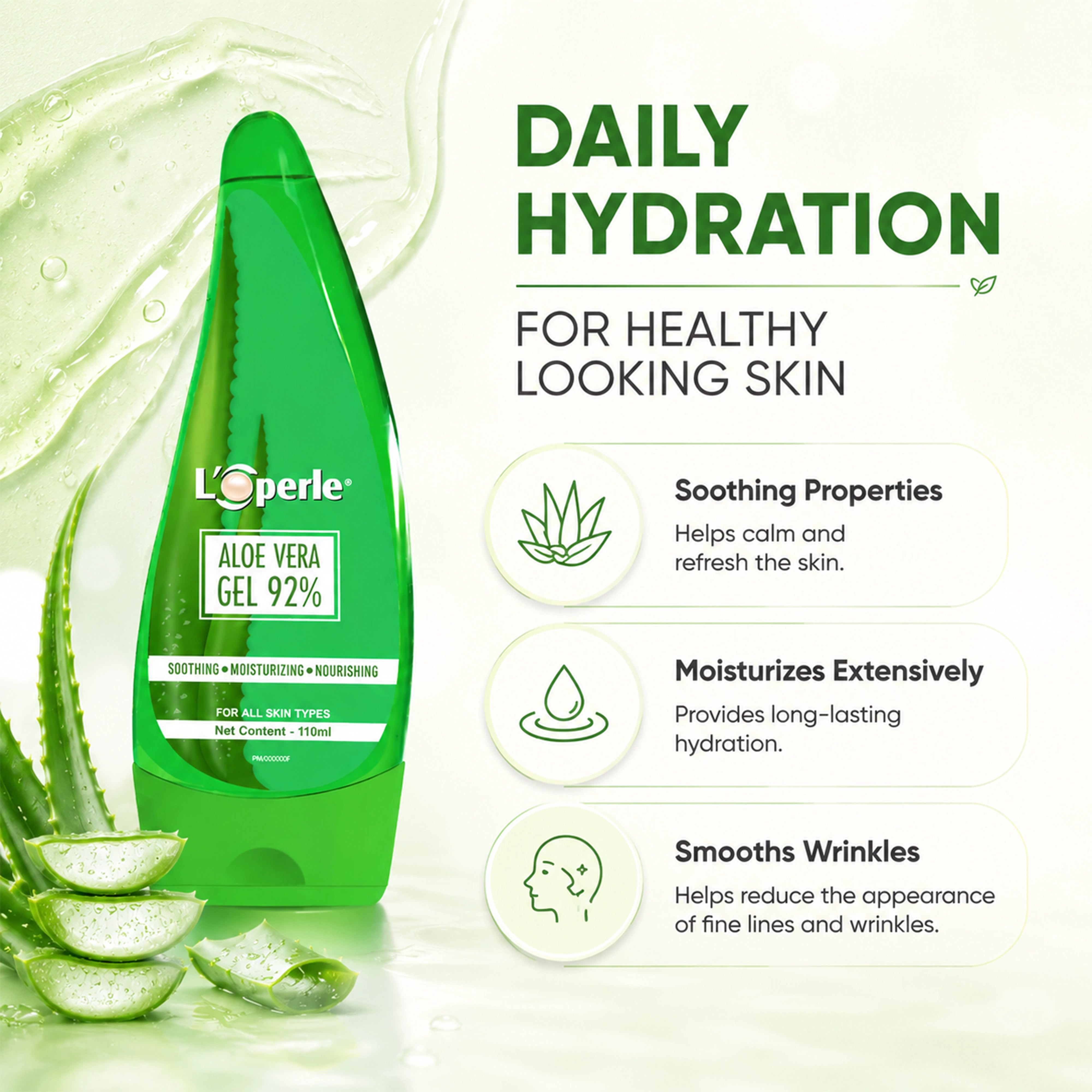 Loperle Aloe Vera Gel 92% for Moisturizing Skin - 110ml
