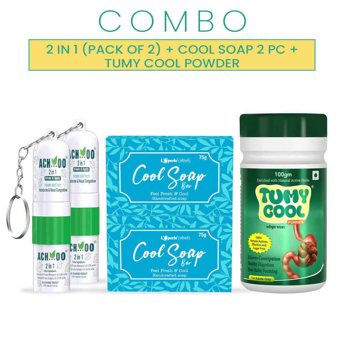 Achoo 2 in 1 Inhaler & Applicator (Pack of 2) + Loperle Handcrafted Cool Soap Bar (Pack of 2) + Tumy Cool Powder for Gas & Constipation-Combo