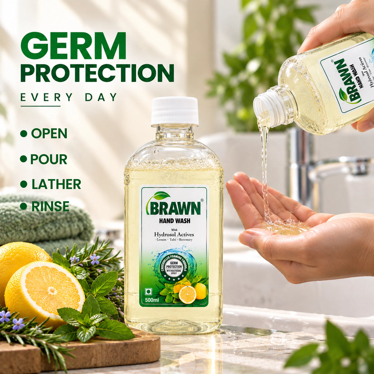 Brawn Rosemary, Tulsi & Lemon handwash | Gentle Cleansing & Germ Protection - Refill bottle - 500ml
