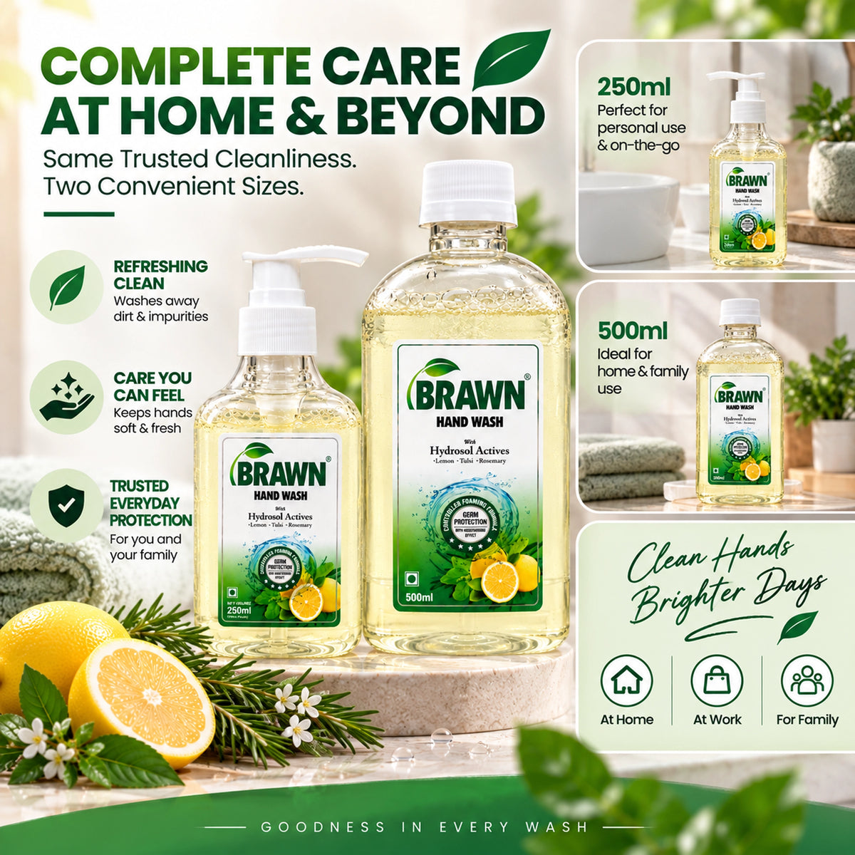 Brawn Tulsi, Rosemary & Lemon handwash combo | Soft Hands, Powerful Germ Protection - 500ml + 250ml