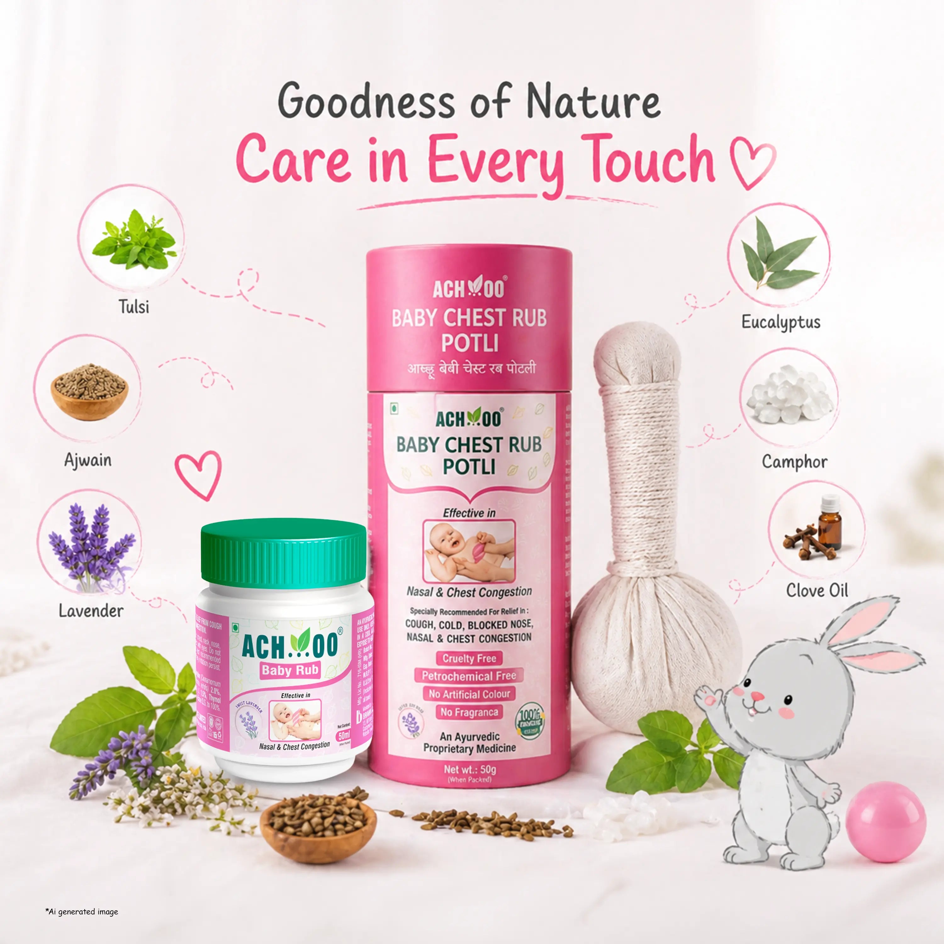 Achoo Baby Care Combo for Cold Relief: Baby Rub & Potli