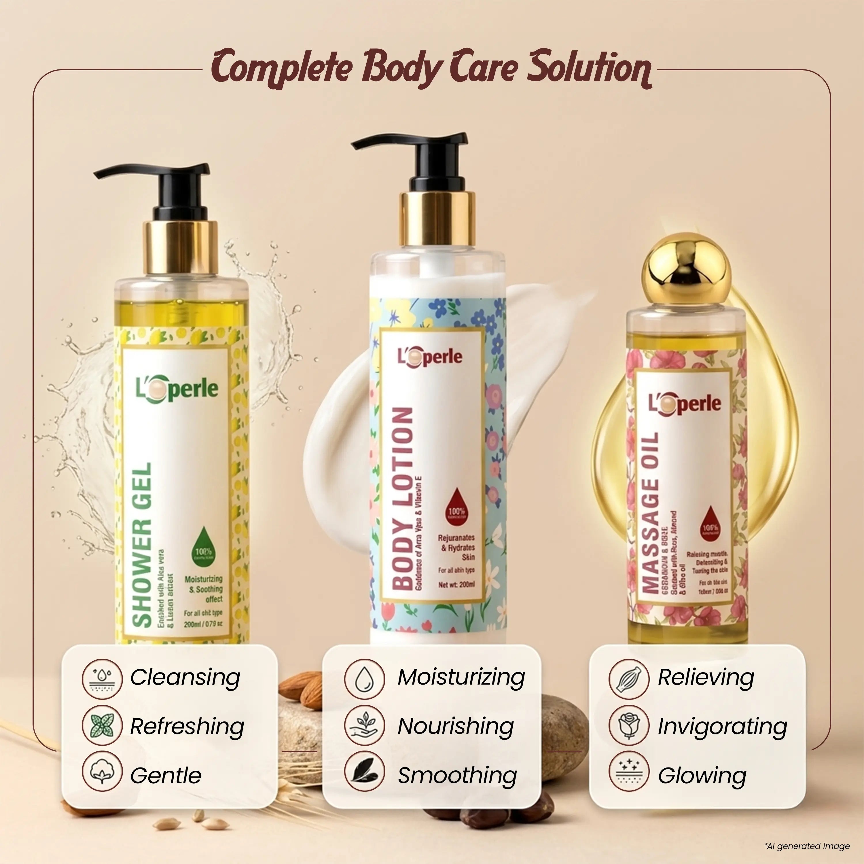 Body care Kit Combo - Loperle body Massage Oil & body lotion & shower gel