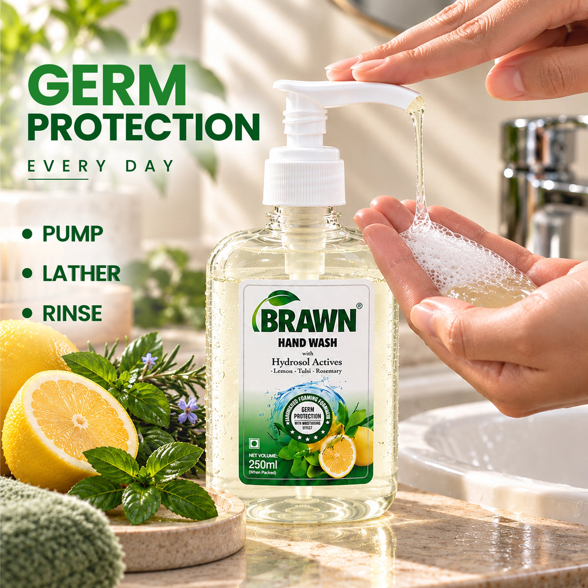 Brawn Lemon, Tulsi & Rosemary handwash | Soft & Gentle care with Hydrosol Actives & pump dispenser  - 250ml