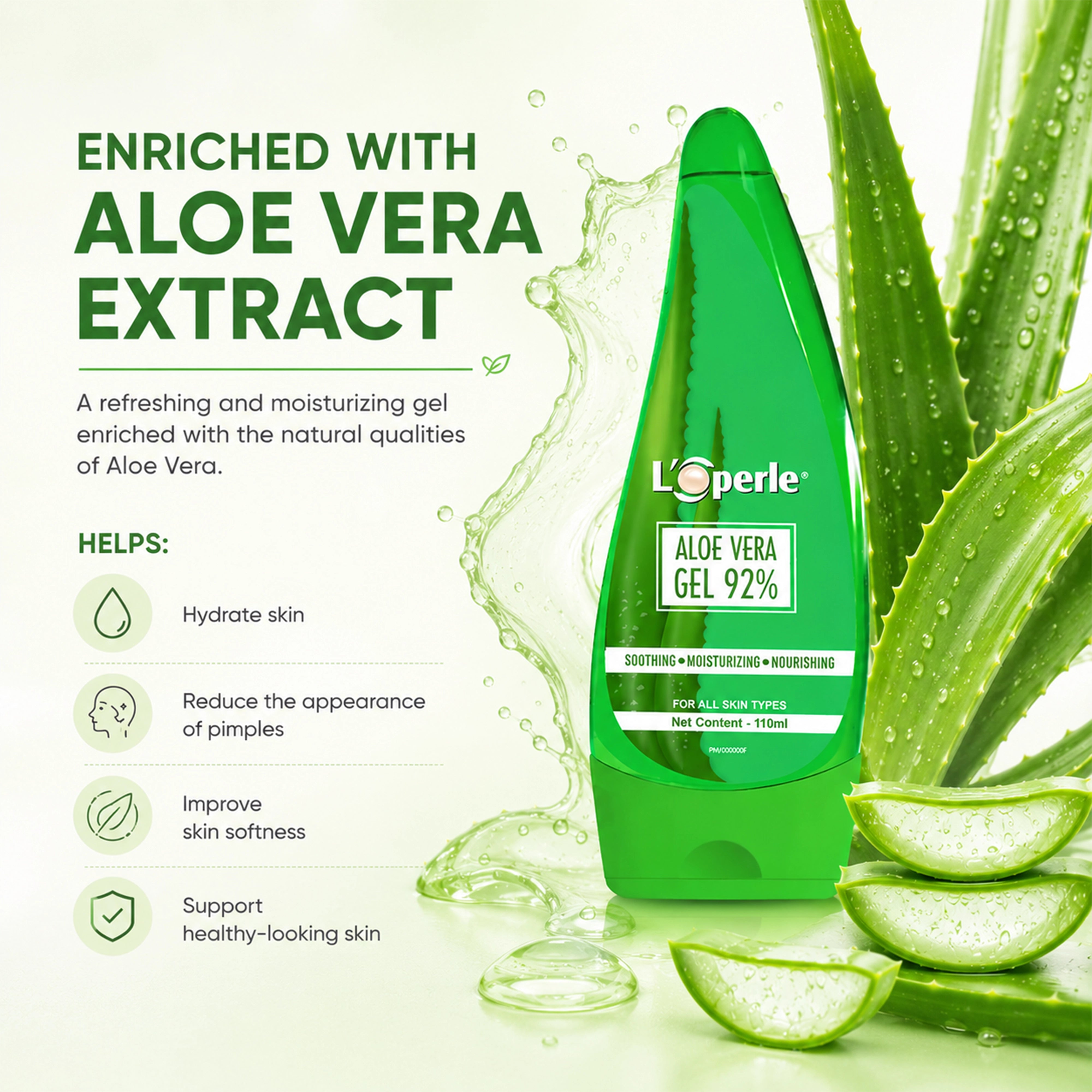 Loperle Aloe Vera Gel 92% for Moisturizing Skin - 110ml
