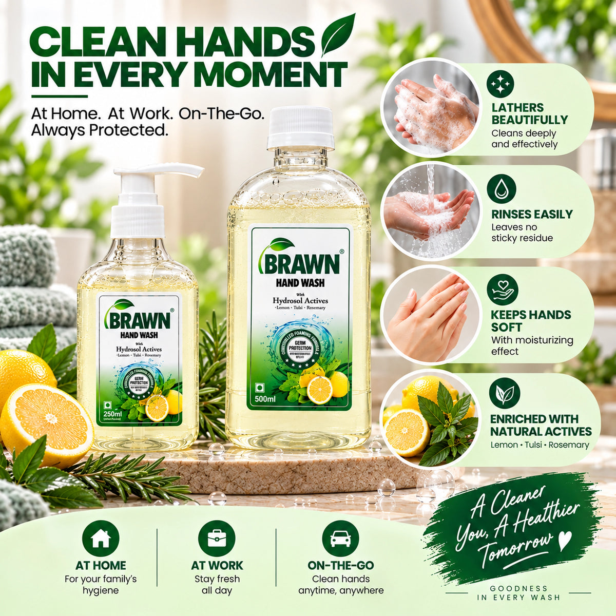 Brawn Tulsi, Rosemary & Lemon handwash combo | Soft Hands, Powerful Germ Protection - 500ml + 250ml