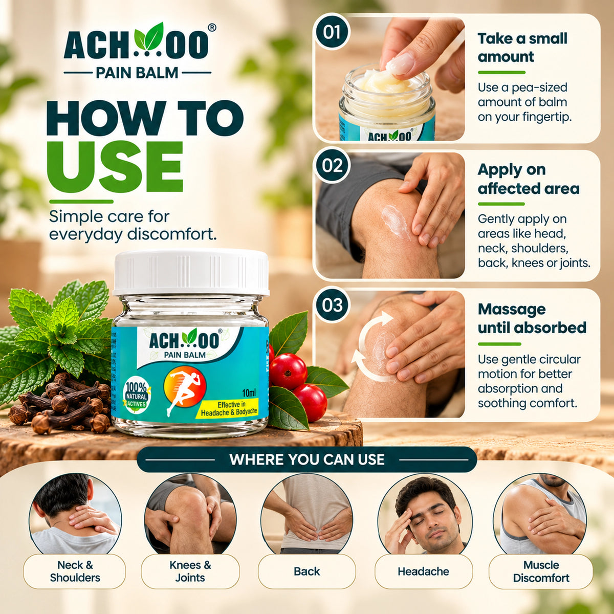 Achoo Pain Balm - Fast Headache & Muscle Relief | 100% Herbal Formula - 10ml