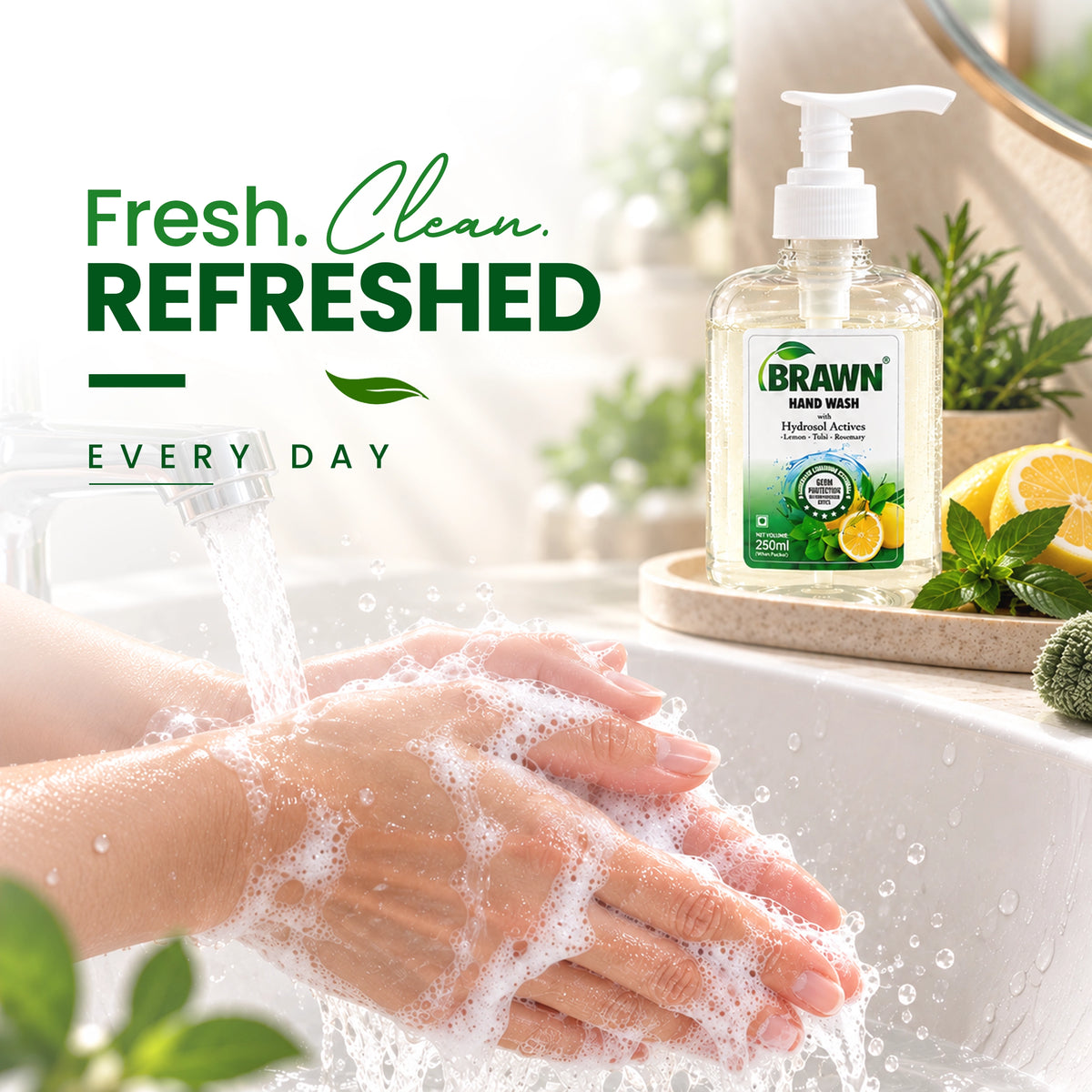 Brawn Lemon, Tulsi & Rosemary handwash | Soft & Gentle care with Hydrosol Actives & pump dispenser  - 250ml
