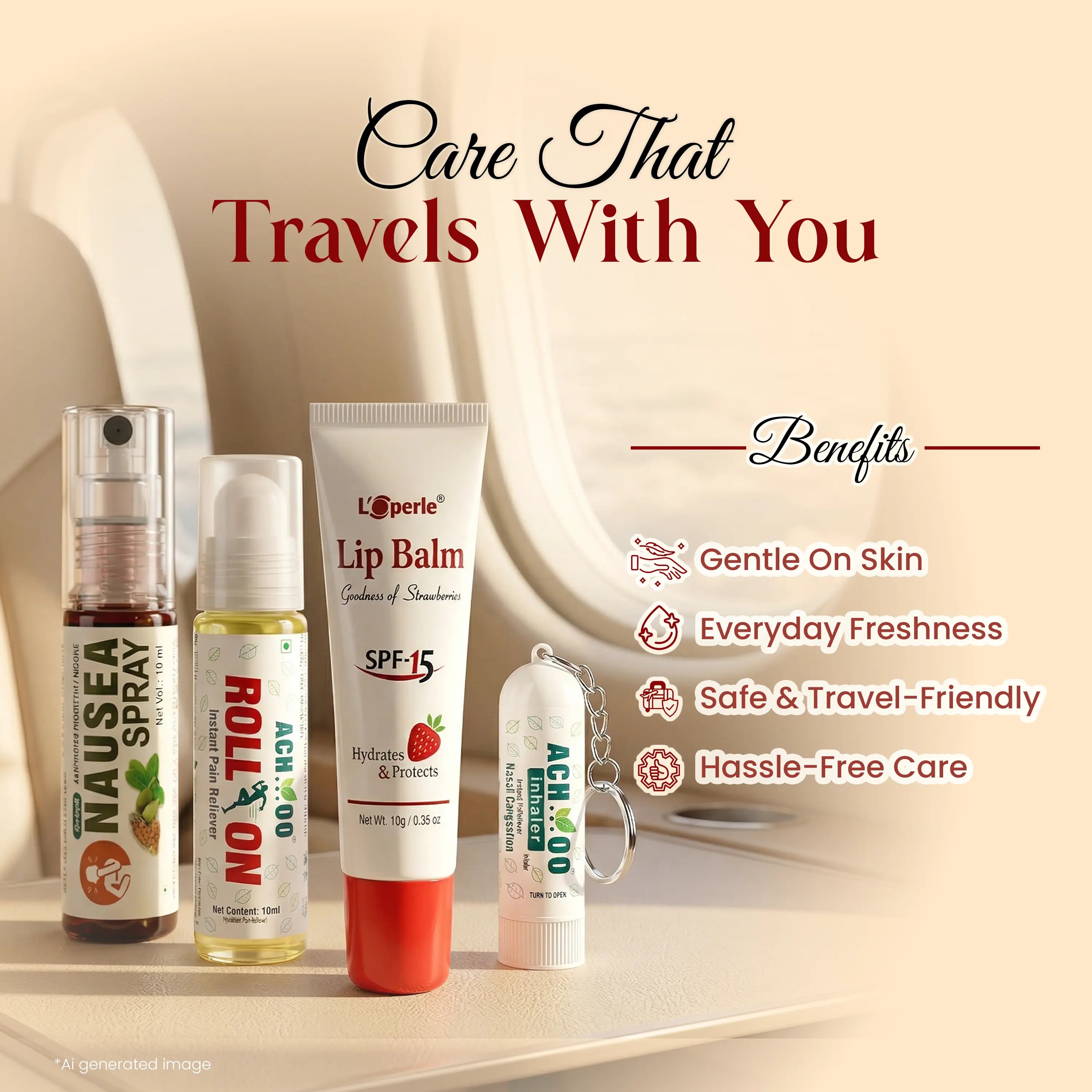 Travel Combo Kit - Loperle Lip Balm & Achoo Roll-On & Inhaler keychain, Brawn Nausea Spray