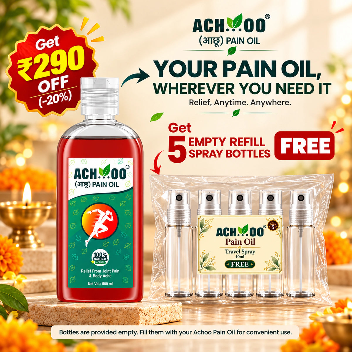 Achoo Pain Relief Oil 500ml | Get 5 Refill Spray Bottles Free | Travel-Friendly