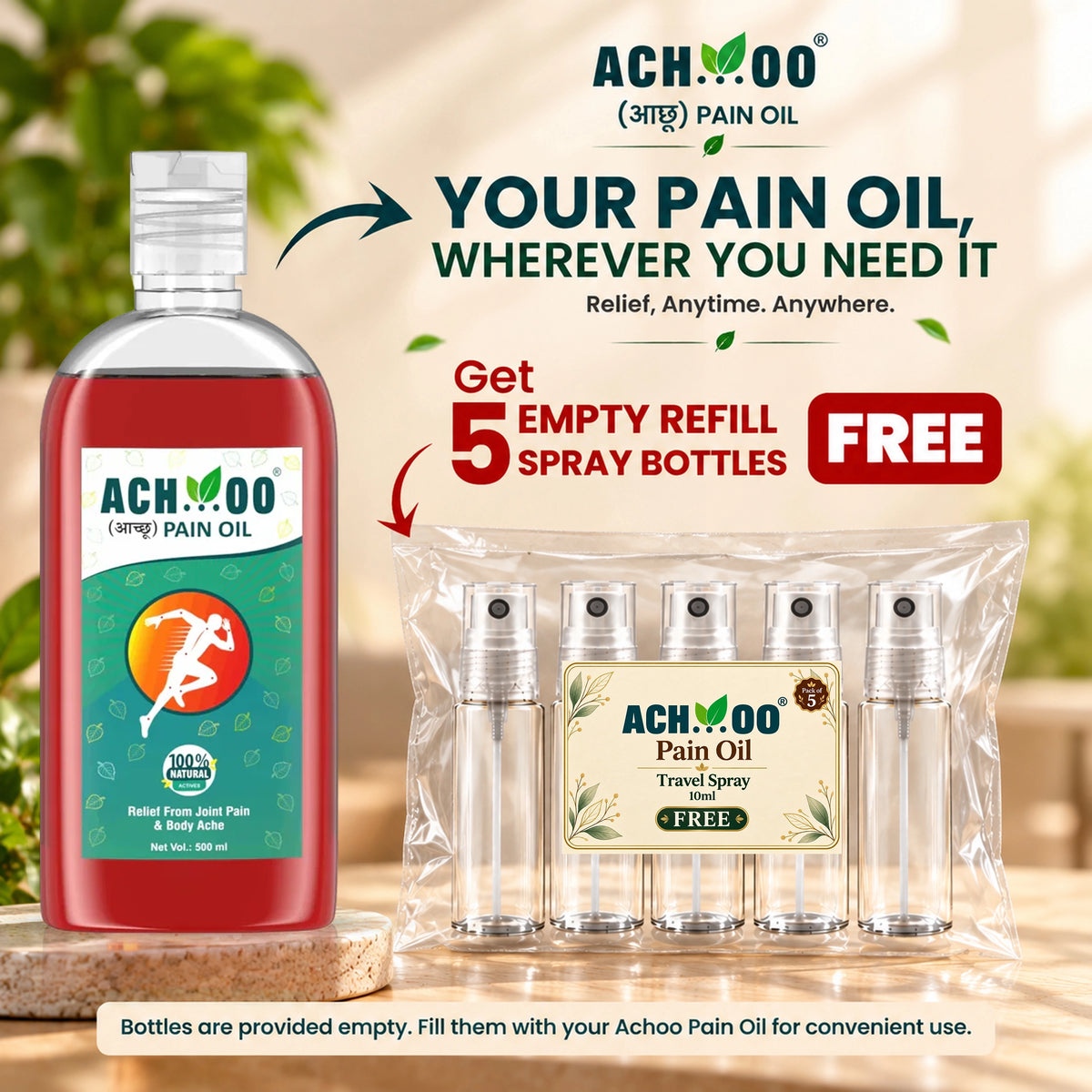 Achoo Pain Relief Oil 500ml | Get 5 Refill Spray Bottles Free | Travel-Friendly