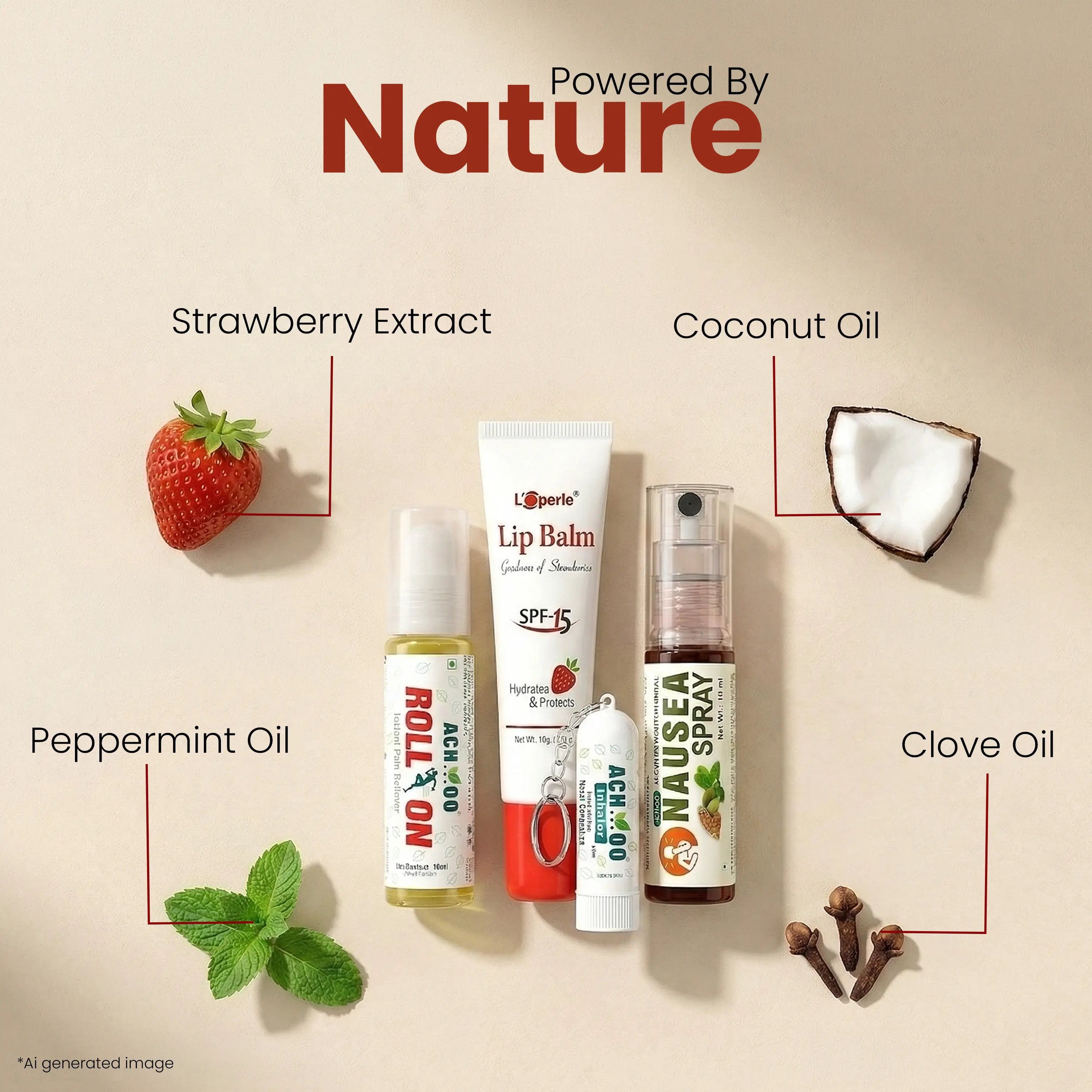 Travel Combo Kit - Loperle Lip Balm & Achoo Roll-On & Inhaler keychain, Brawn Nausea Spray
