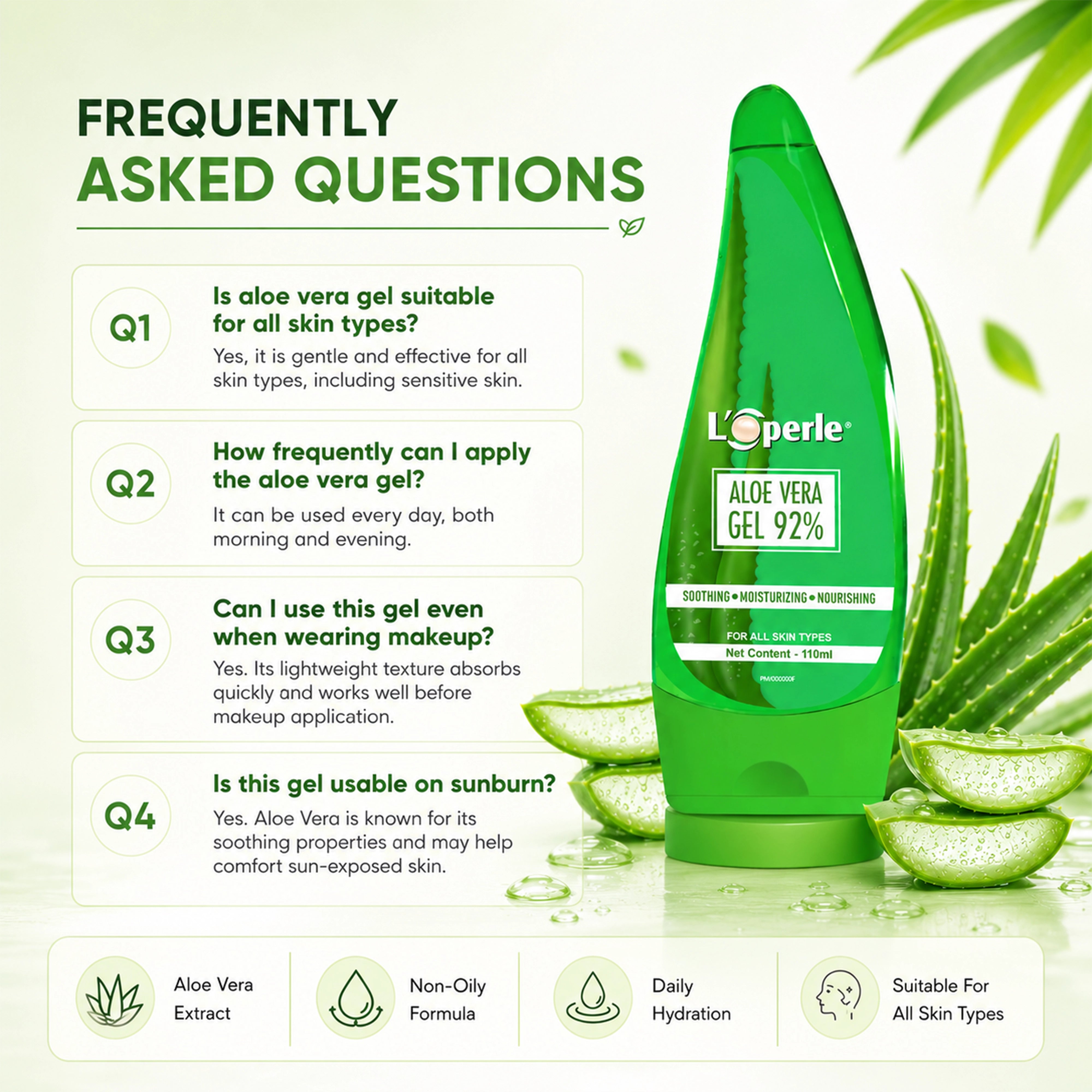 Loperle Aloe Vera Gel 92% for Moisturizing Skin - 110ml