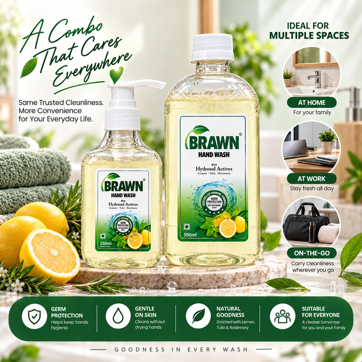 Brawn Tulsi, Rosemary & Lemon handwash combo | Soft Hands, Powerful Germ Protection - 500ml + 250ml