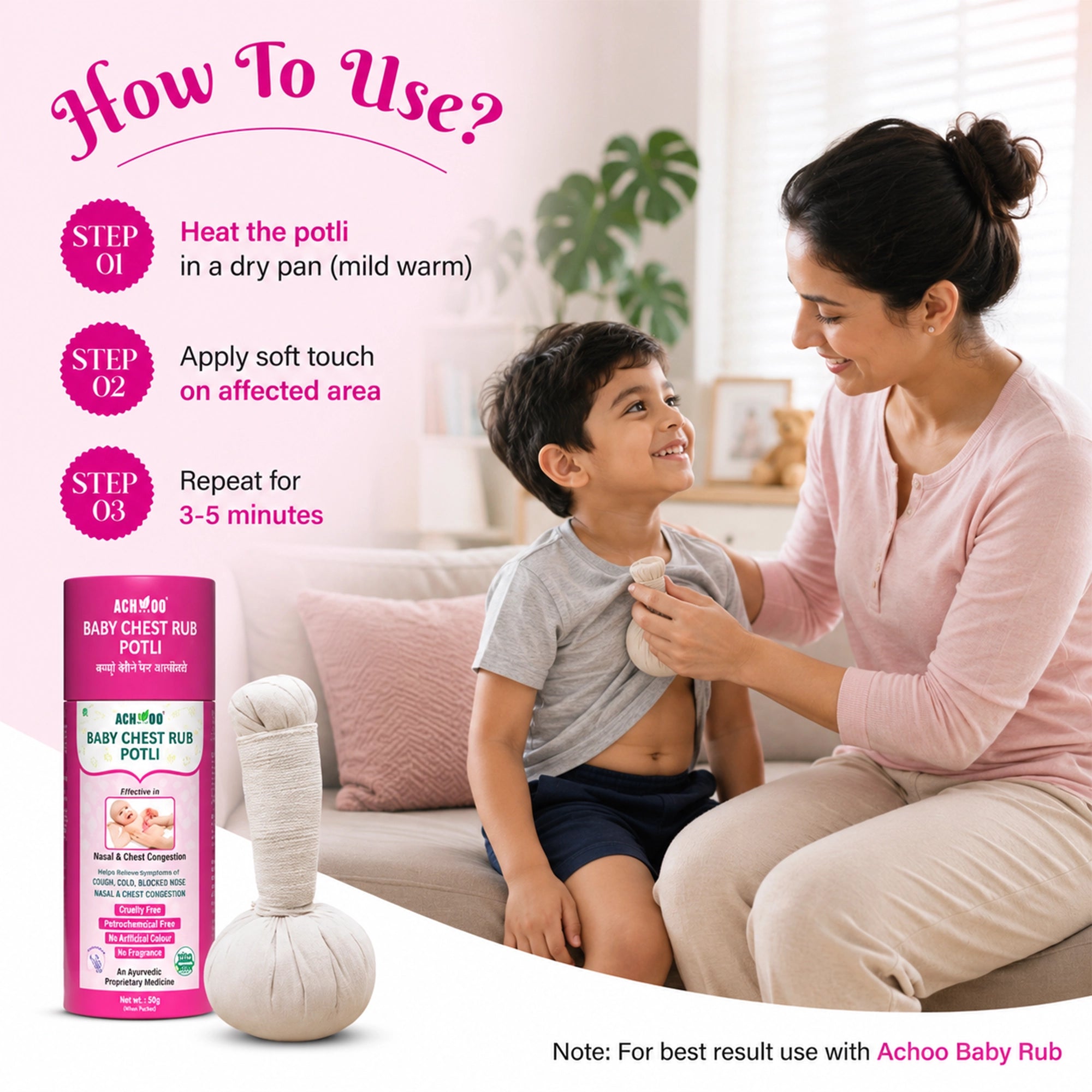 Achoo Baby Chest Rub Potli for Nasal & Chest Congestion- 50g |  5 +  years