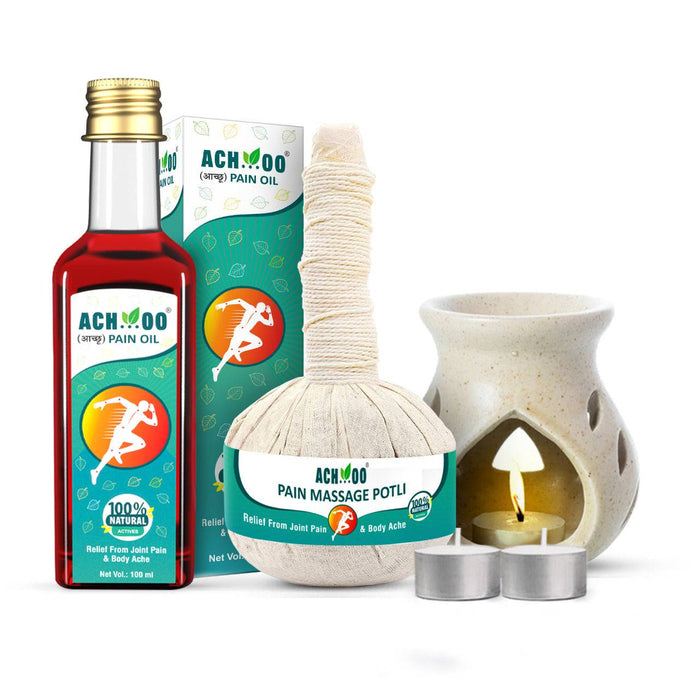 Achoo Herbal Compress Kit | Massage Potli 100GM | Pain Oil 100ML | Joint Muscle Pain relief Kit | Free Candle Diffuser