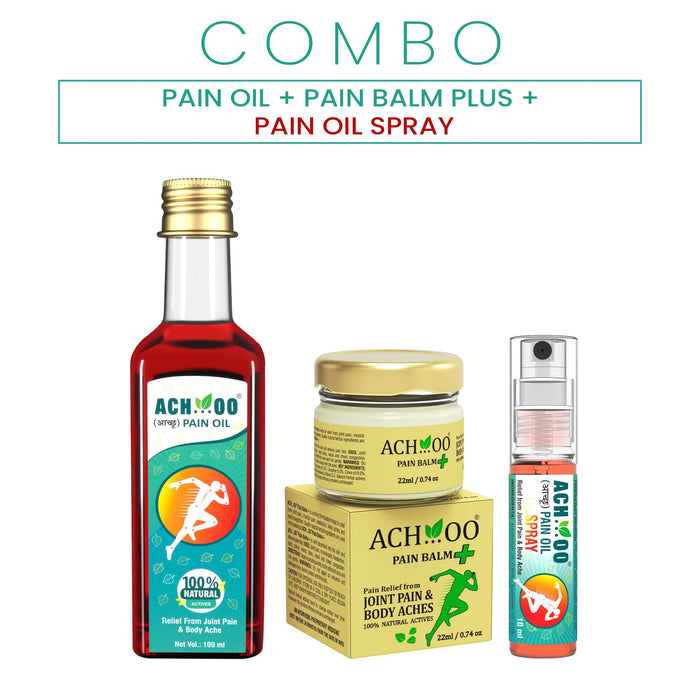 Achoo Pain Oil 100ml & Achoo Pain Balm Plus for Strong Joint, Muscle & Body Pain + Free Achoo Pain Oil Spray 10ml - Combo