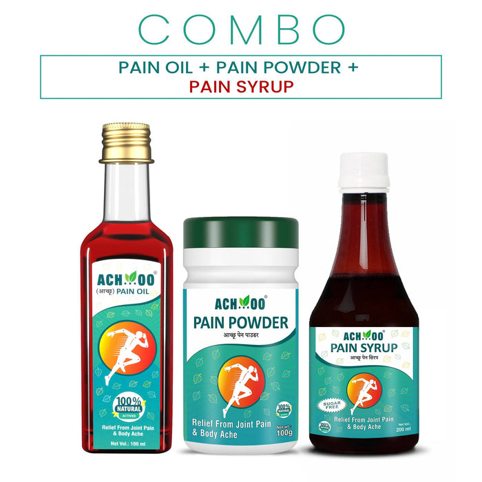 Achoo Pain Oil 100ml  and Achoo Pain Powder for Strong Joint, Muscle & Body Pain +  Free Achoo Pain Syrup 200ml - Combo