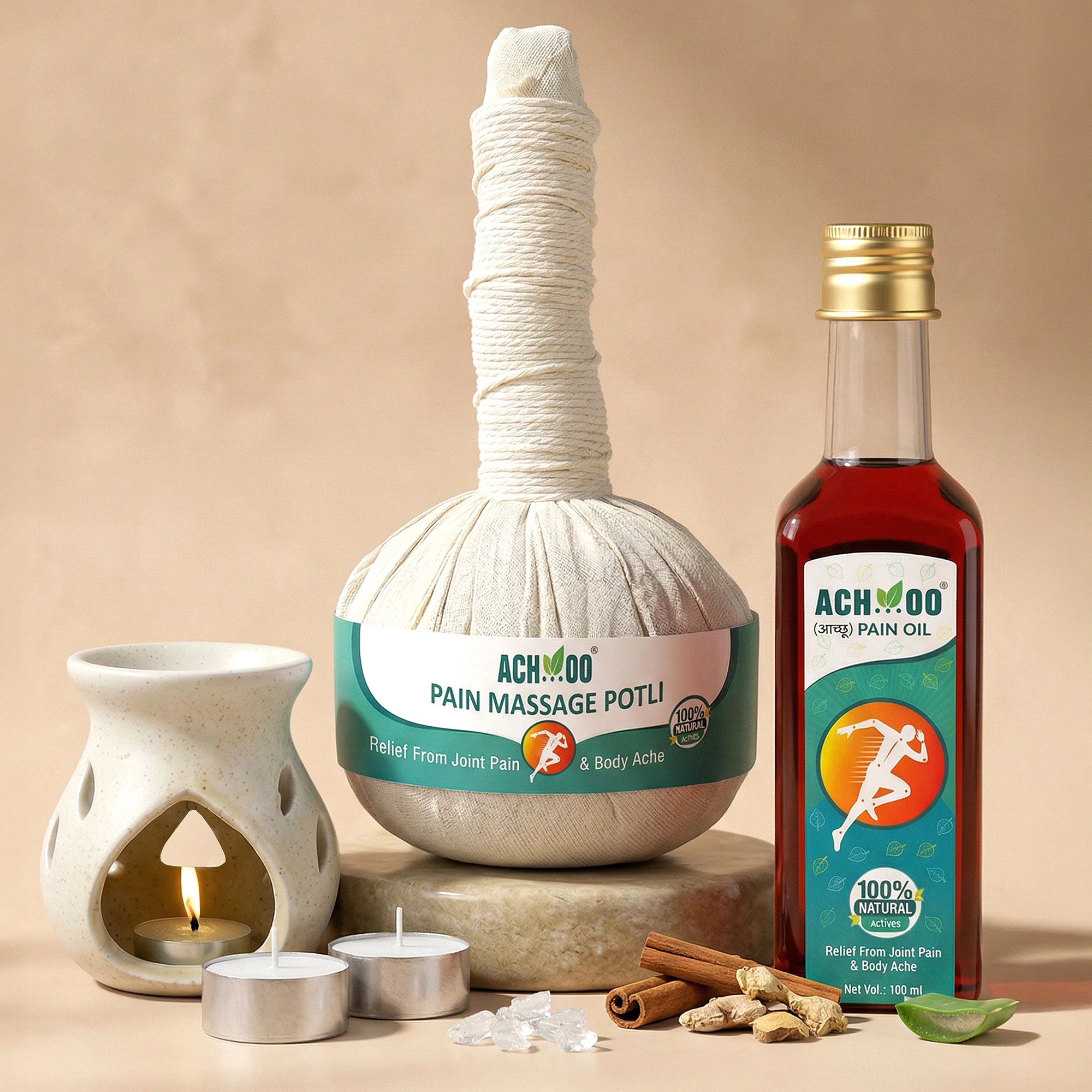 Achoo Herbal Compress Kit - Massage Potli 100GM & Pain Oil 100ML