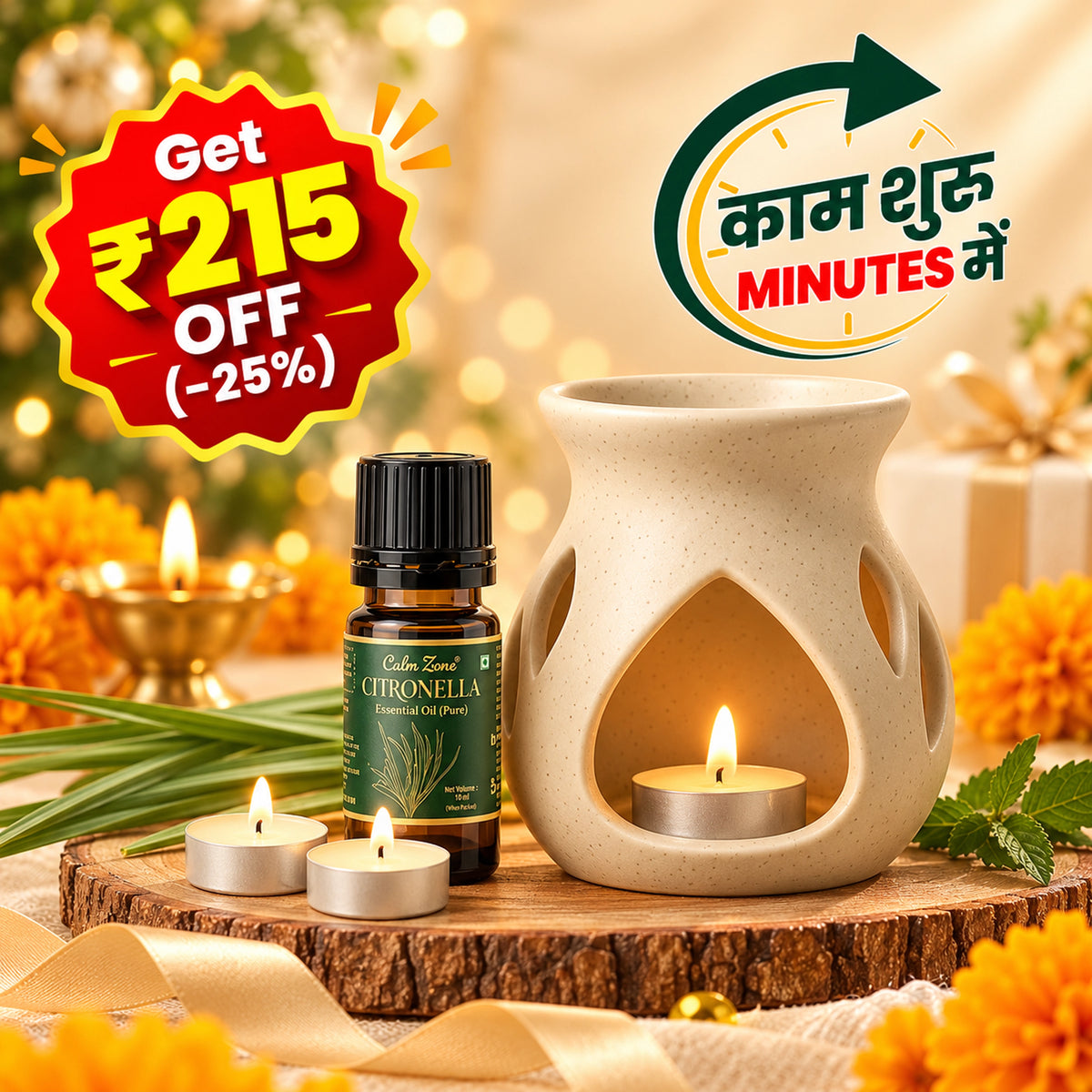 Calmzone Citronella Oil and Diffuser Combo - Natural Essential Oil for Mosquitoes