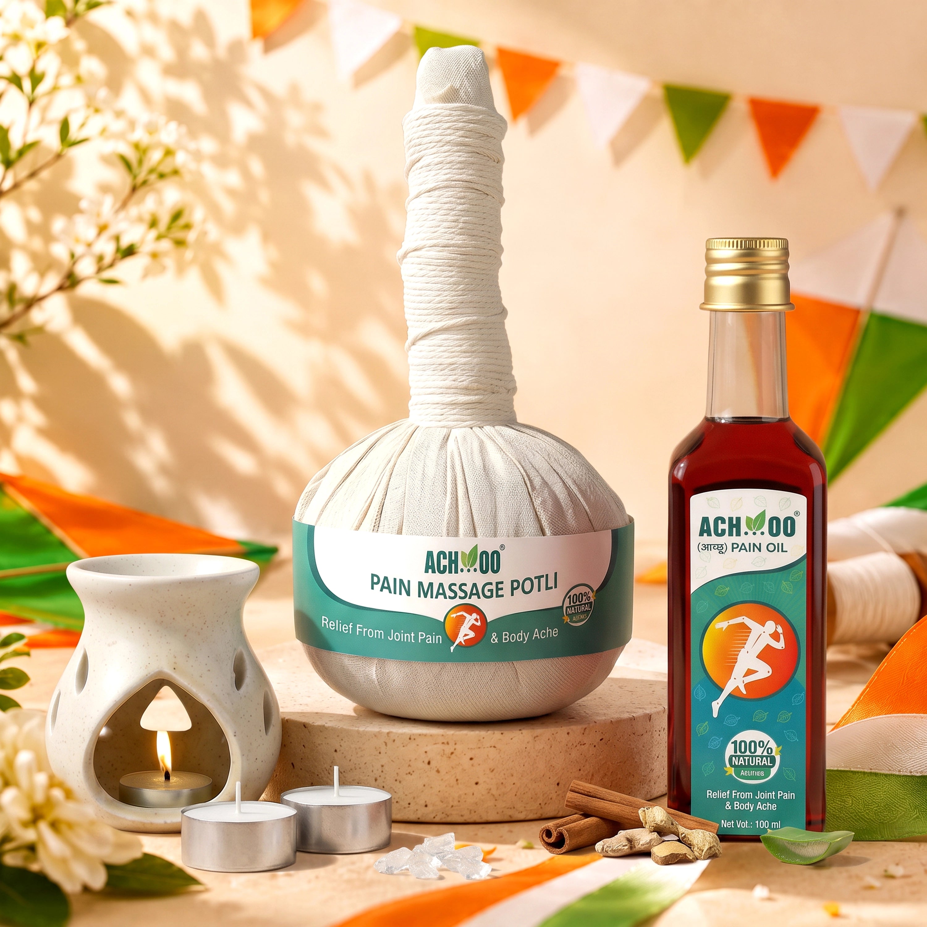 Achoo Herbal Compress Kit - Massage Potli 100GM & Pain Oil 100ML