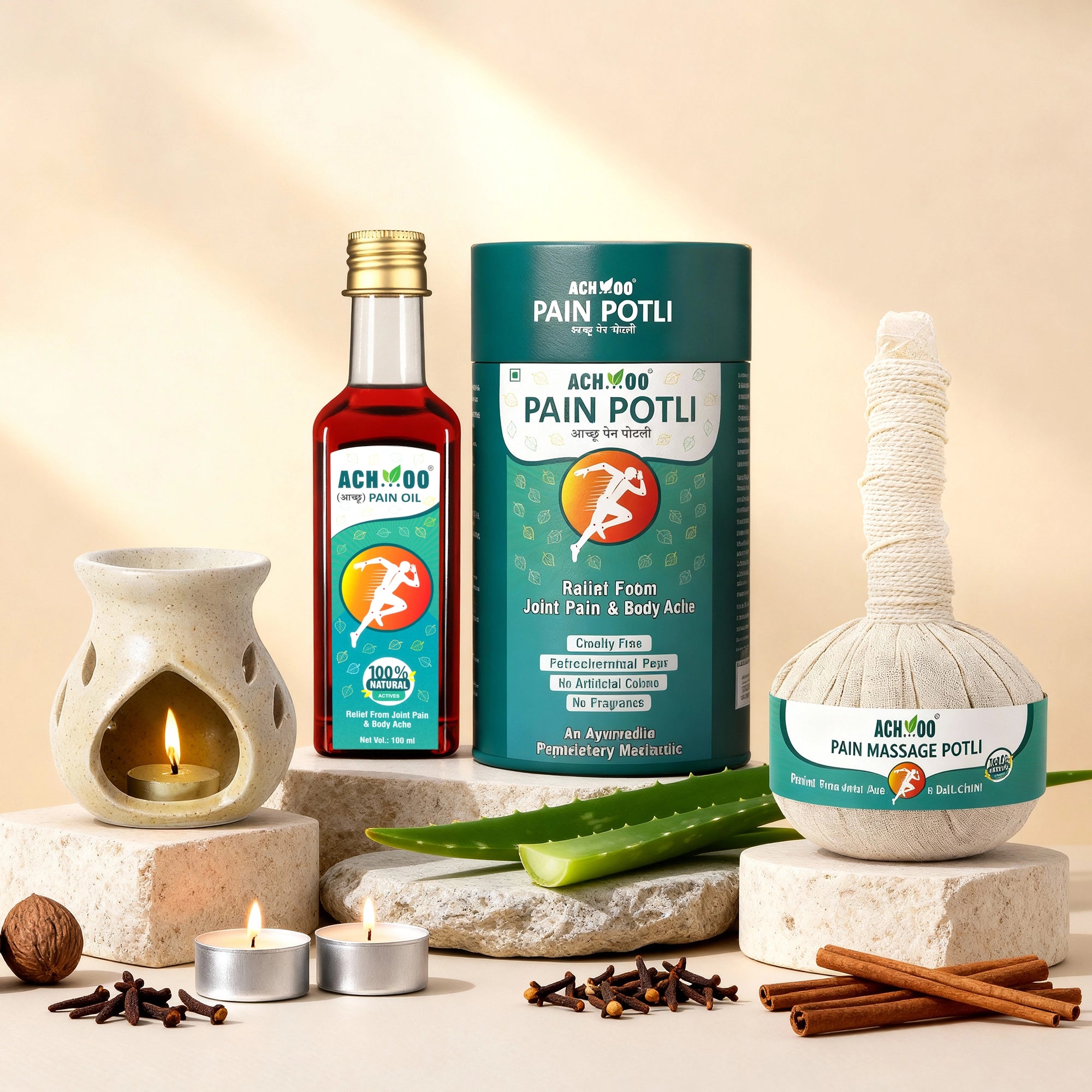 Achoo Herbal Compress Kit - Massage Potli 100GM & Pain Oil 100ML